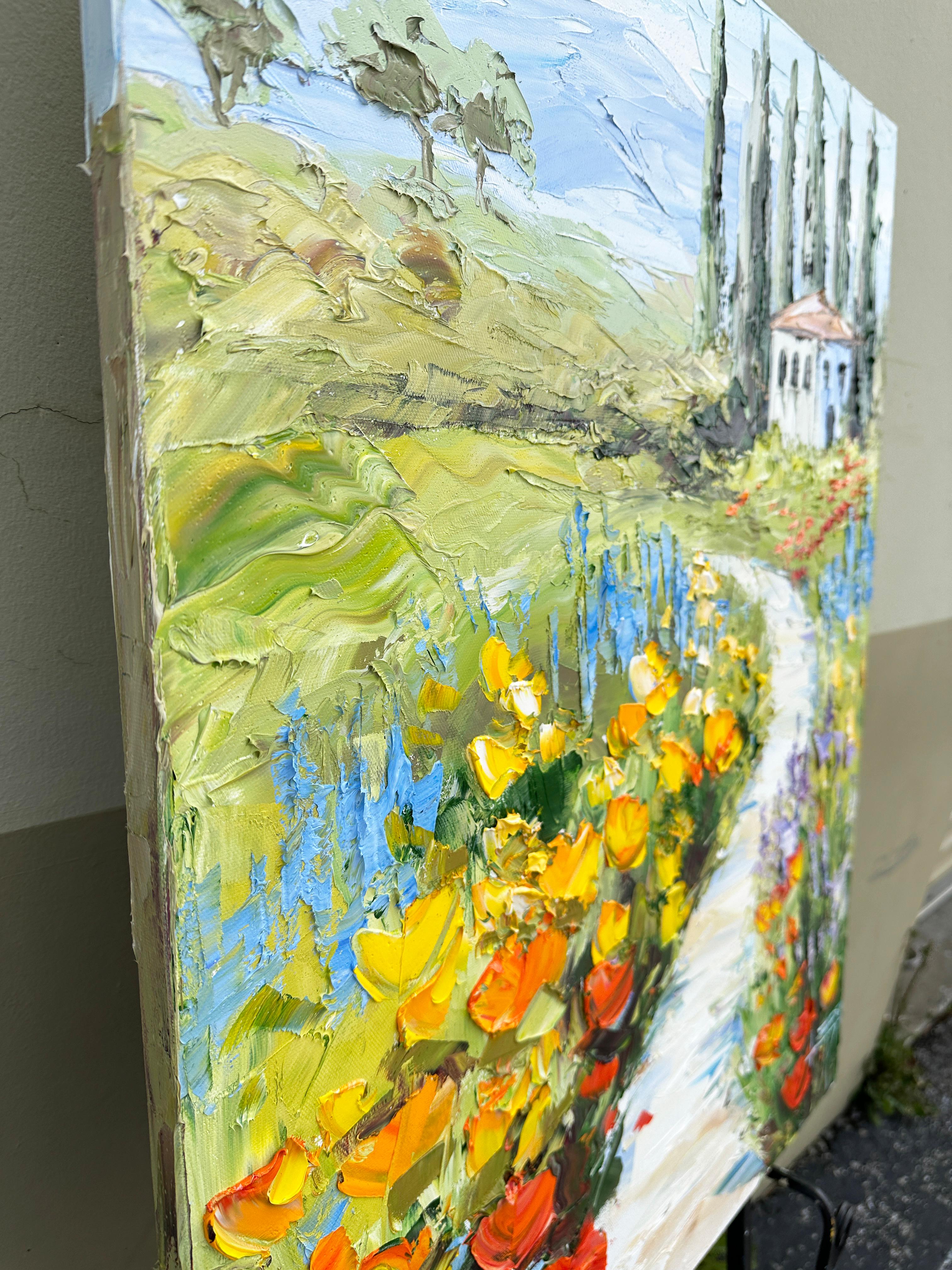 <p>Artist Comments<br />Cypress trees surround a winery, with poppies blooming along the pathway. Inspired by a Tuscan vineyard in Italy, this artwork vividly captures a vibrant summer scene. Created entirely with a palette knife, it boasts a rich,