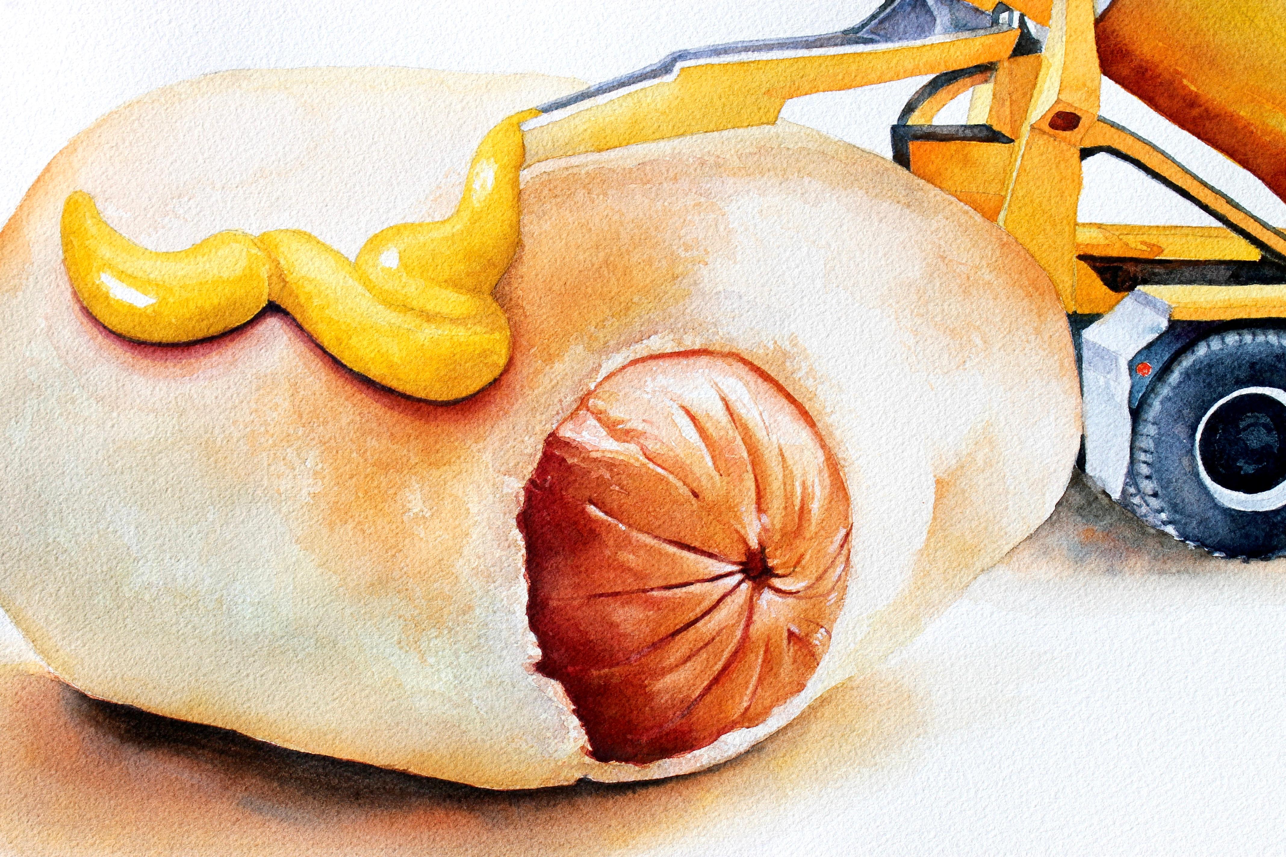 <p>Commentaires de l'artiste<br />Peint dans une tradition réaliste, un hot-dog dans un petit pain occupe le devant de la scène dans cette nature morte moderne. L'artiste Dwight Smith aime exagérer l'échelle des objets pour transmettre son concept