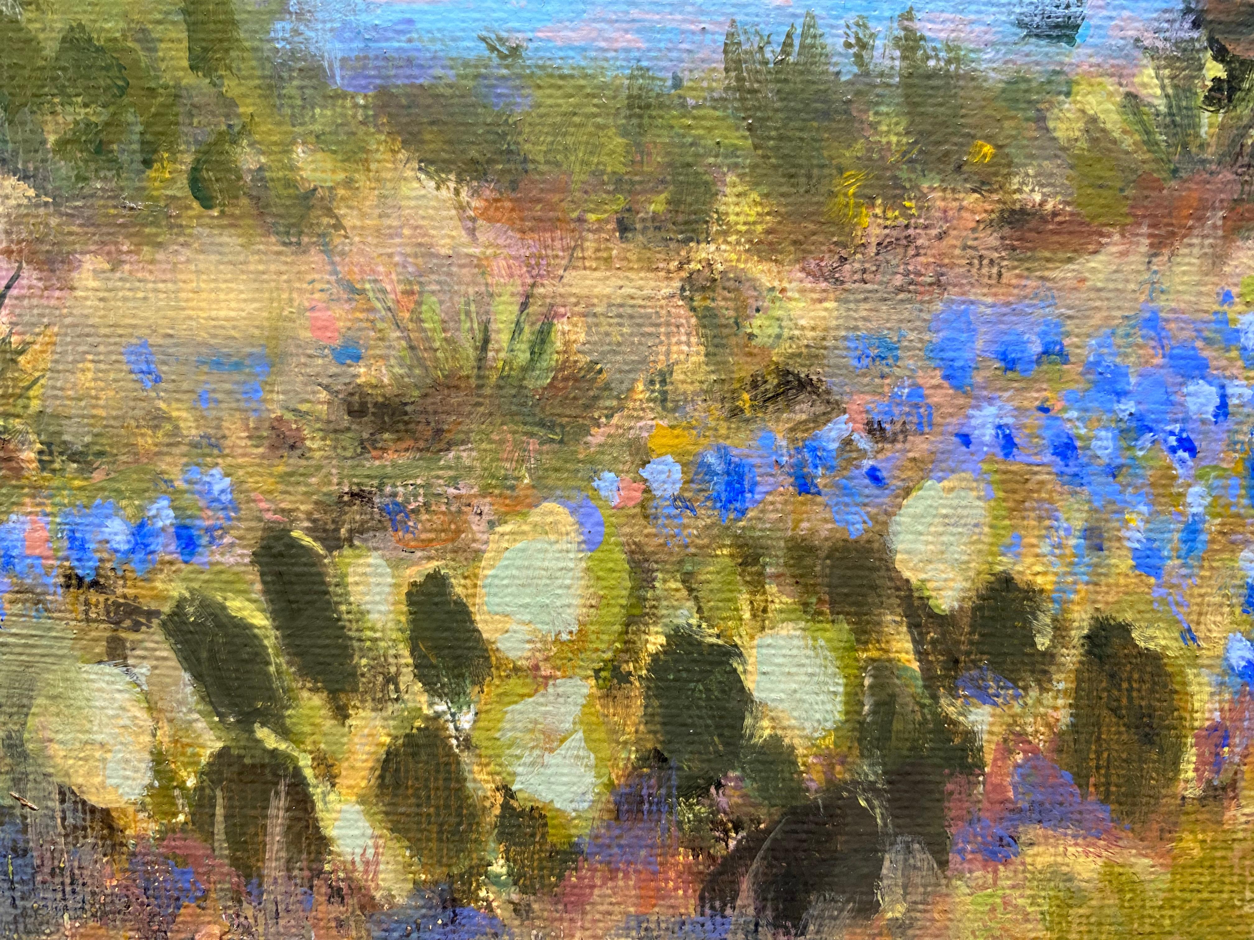 <p>Artist Comments<br />Cedar trees, bluebonnets, and cacti grace a hilltop near Willow City, Texas. A body of water peeks through the edge of the grass-covered ground. The painterly impressionist depiction of the landscape evokes a serene and