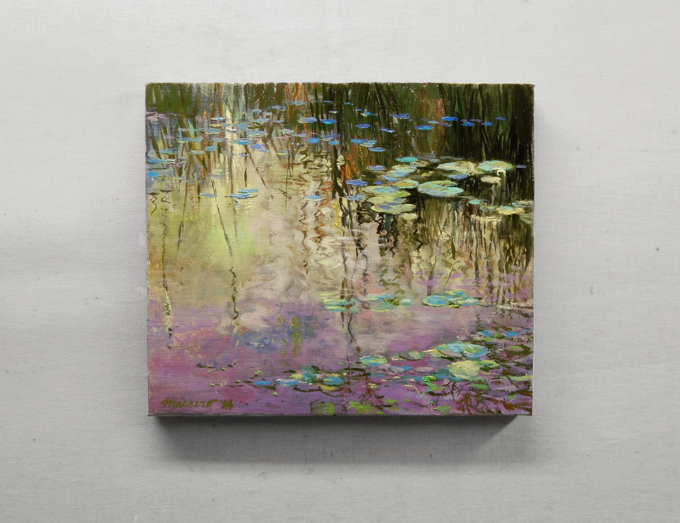 <p>Artist Comments<br>The sky's shifting evening colors reflect on a quiet pond. The water lilies pick up various hues as they recede into the shadier reaches near the reeds. Fluid strokes and subtle colors capture the scene's tranquility. The