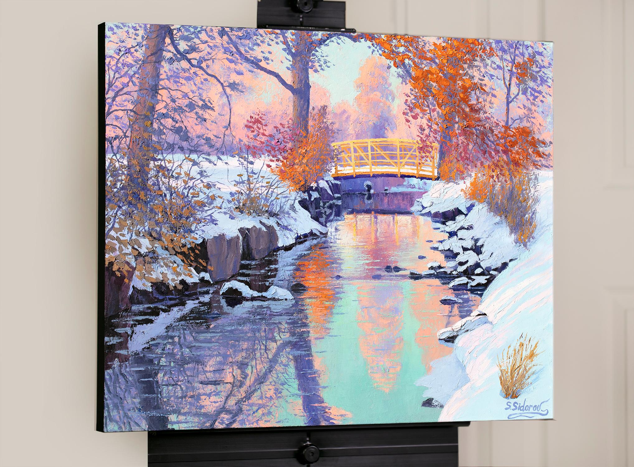 <p>Artist Comments<br>This joyful winter scene captures the gentle warmth of the sunset. The purity of the snow contrasts with vibrant hues reflecting on the water. Lilac light softly illuminates the surroundings, blending cool and warm tones