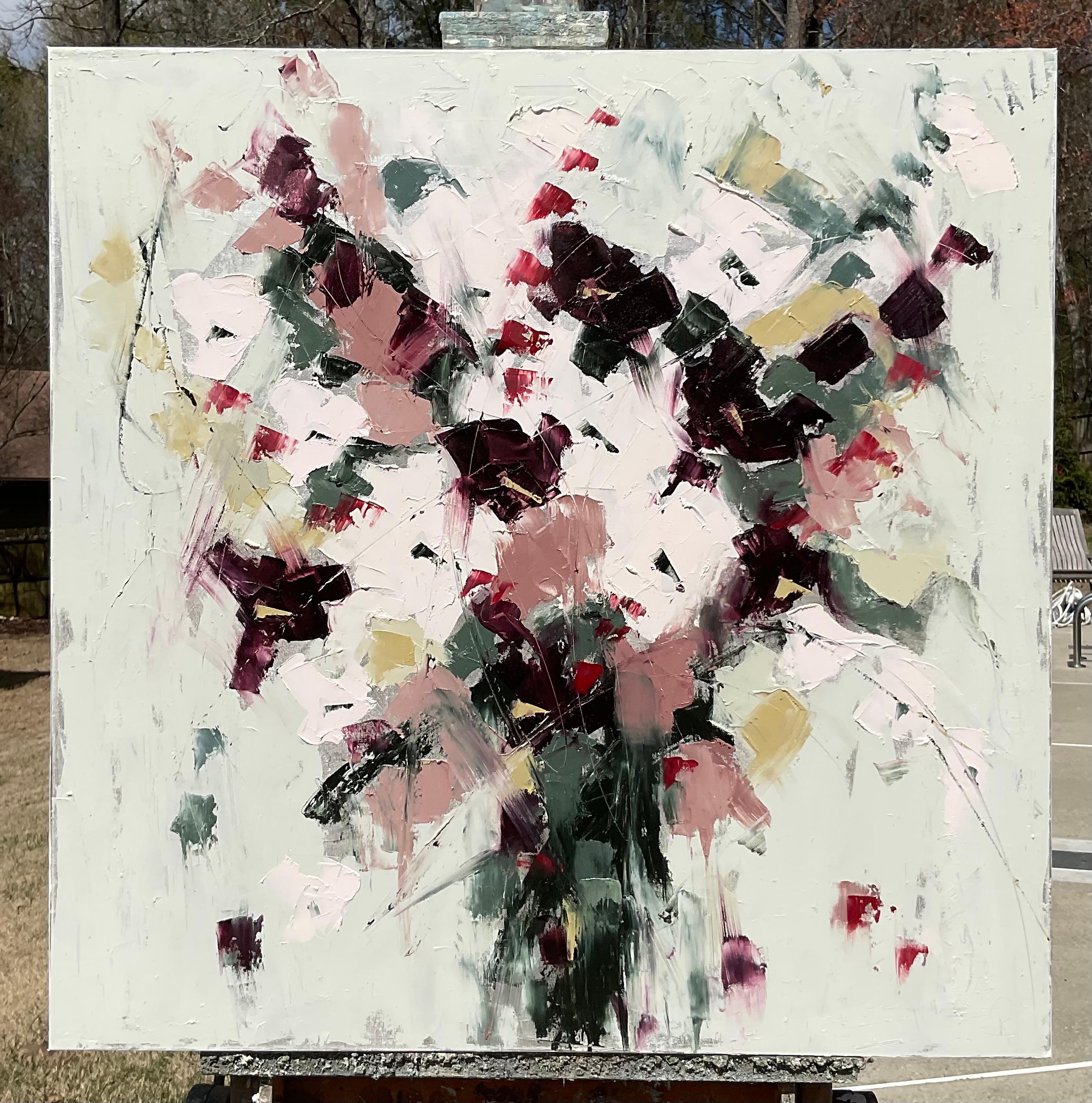 <p>Artist Comments<br>Deep magenta, blush, and lush greens cascade in this abstract floral painting. The vibrancy of the flowers stands out against the neutral background, creating a sense of movement and life. The combination of various palette