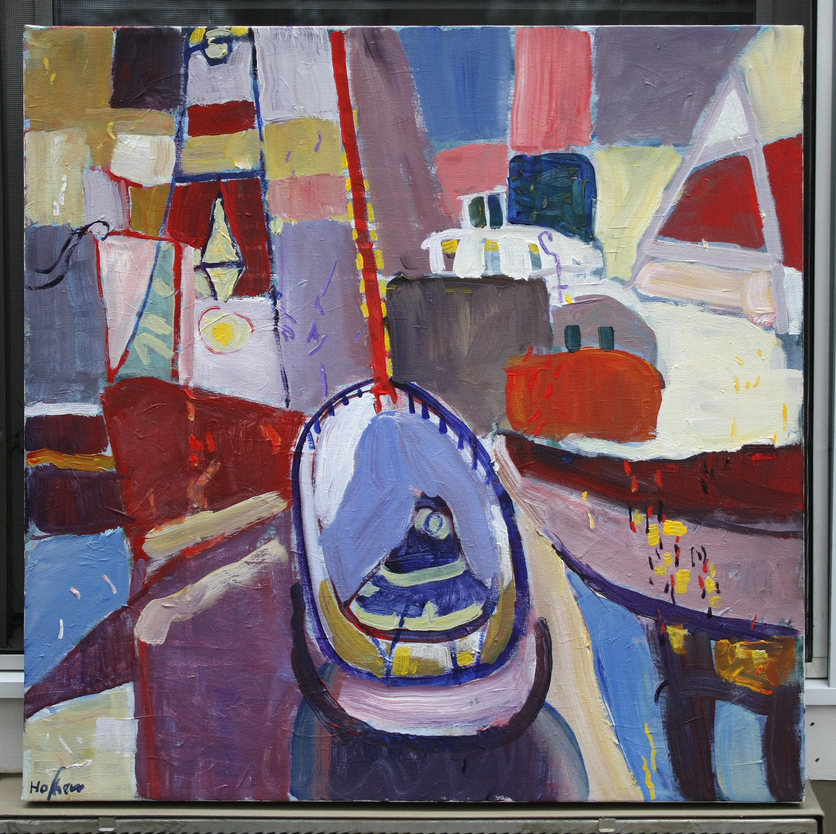 Sailboat with a Red Mast, Original Painting For Sale 1