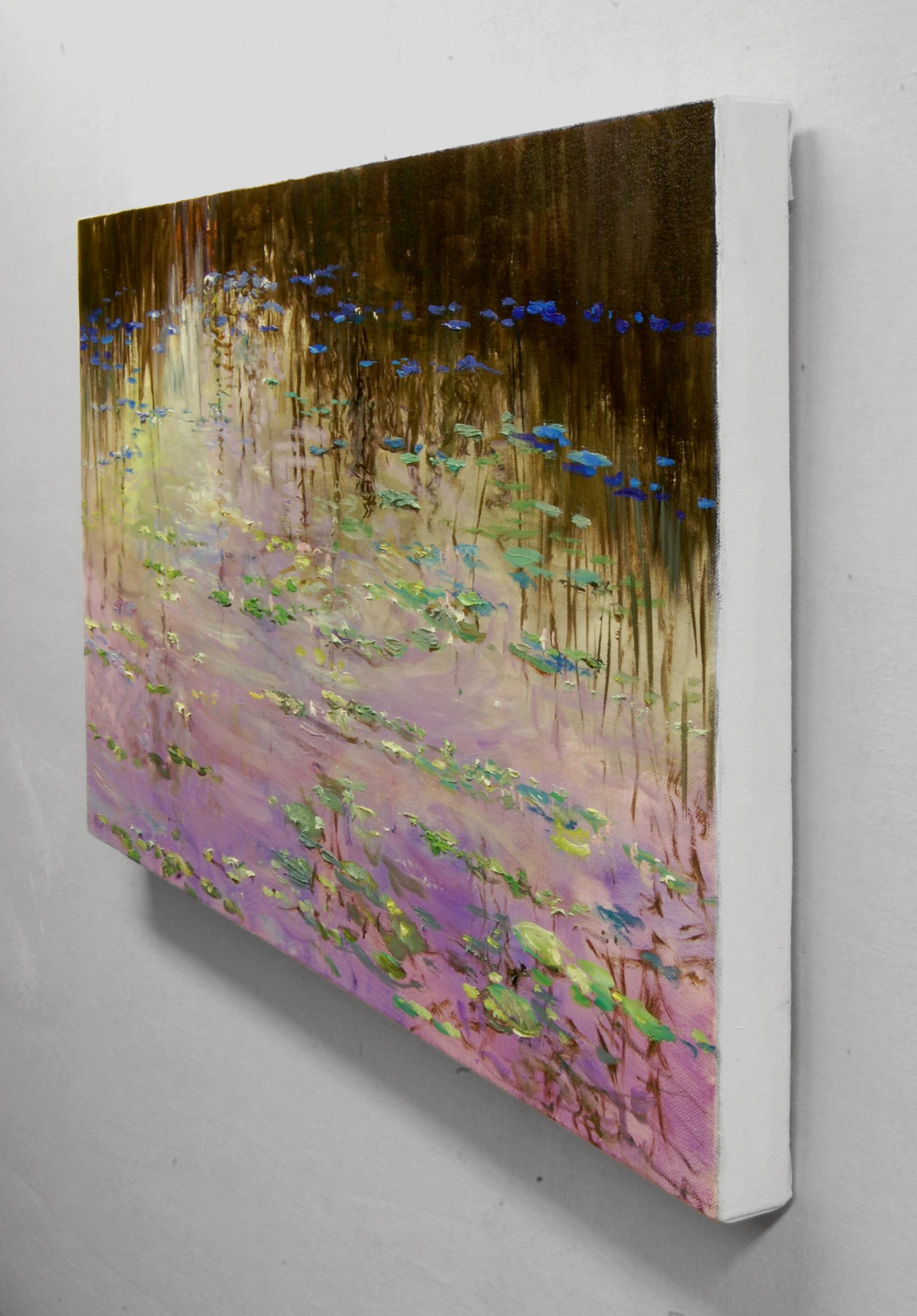 <p>Artist Comments<br>Early evening colors reflect on a peaceful lake, painting its surface with soft purple hues. Aquatic plants pick up different tones as they recede into the shadier reaches near the reeds. This artwork is part of Onelio