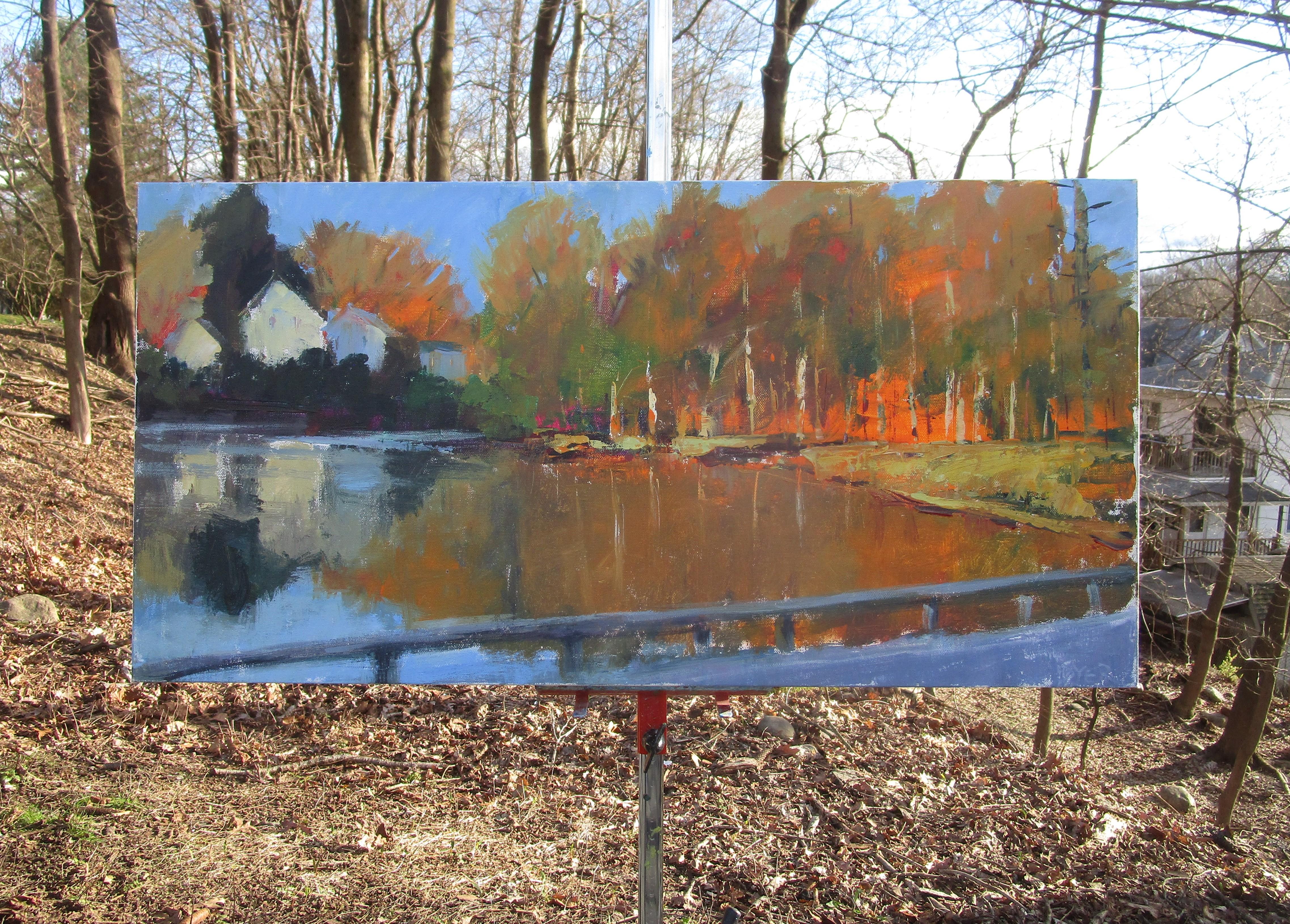 <p>Artist Comments<br>A small pond witnesses an evolving scenery. Initially devoid of houses, it now features a few nestled among the trees yet retains patches of woodland. The combination of brushwork and palette knife techniques lends depth and