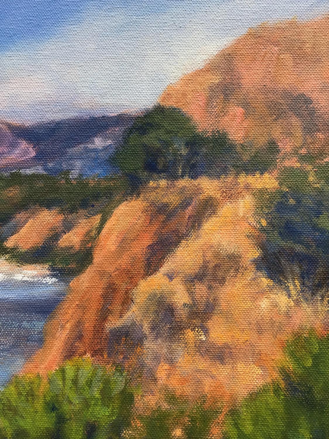 <p>Kommentare des Künstlers<br>Wellen schlagen an die Küste von Central California. Die sanften violetten Farbtöne der fernen Hügel bilden eine wunderschöne Kulisse für die sonnenbeschienenen Klippen, die eine friedliche Atmosphäre ausstrahlen. Das