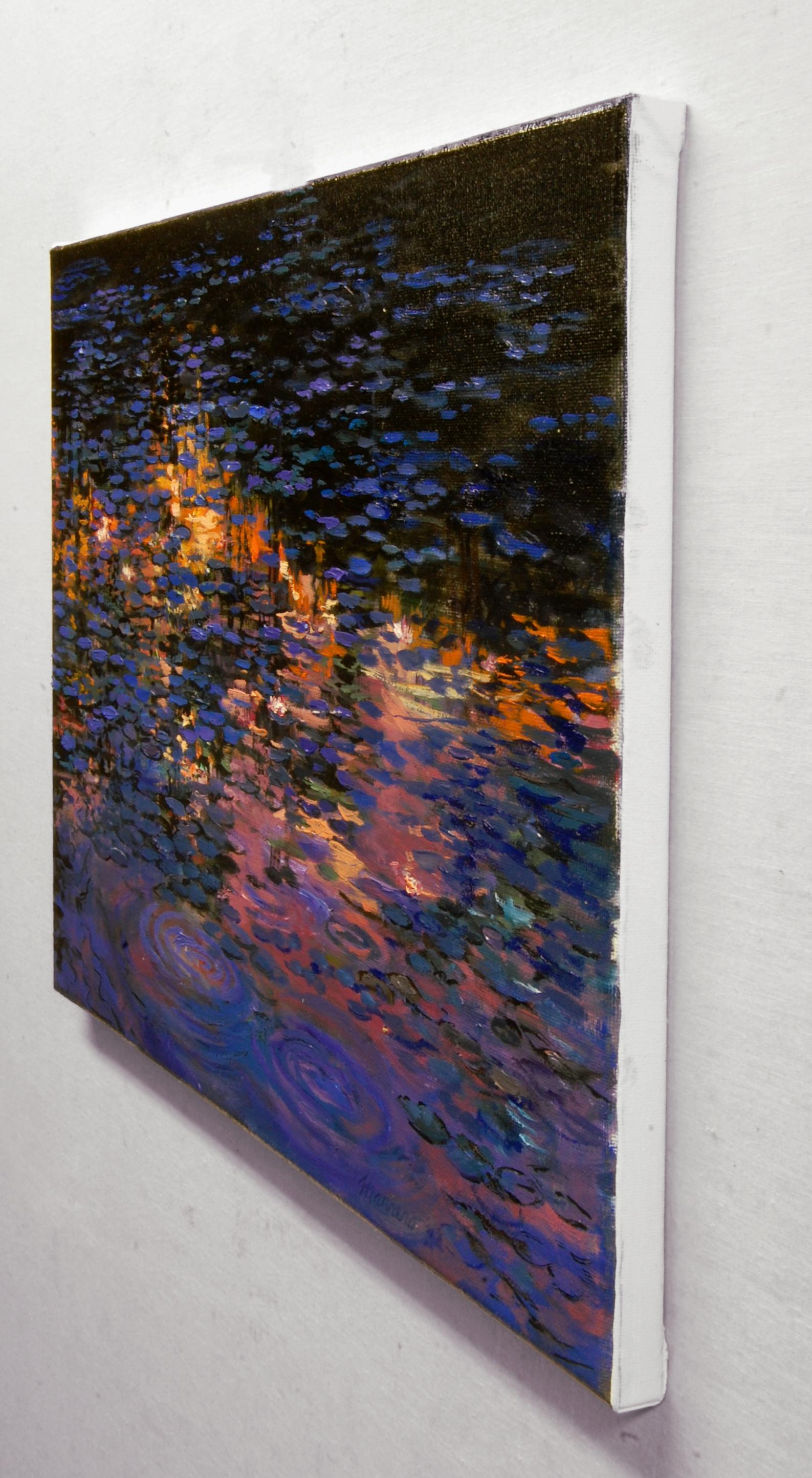 <p>Artist Comments<br>As night approaches, the colors of the sky reflect on the pond, with the silhouette of trees filtering the fiery sunset. Water lilies pick up different hues as they recede into the distance. Fluid strokes and subtle colors