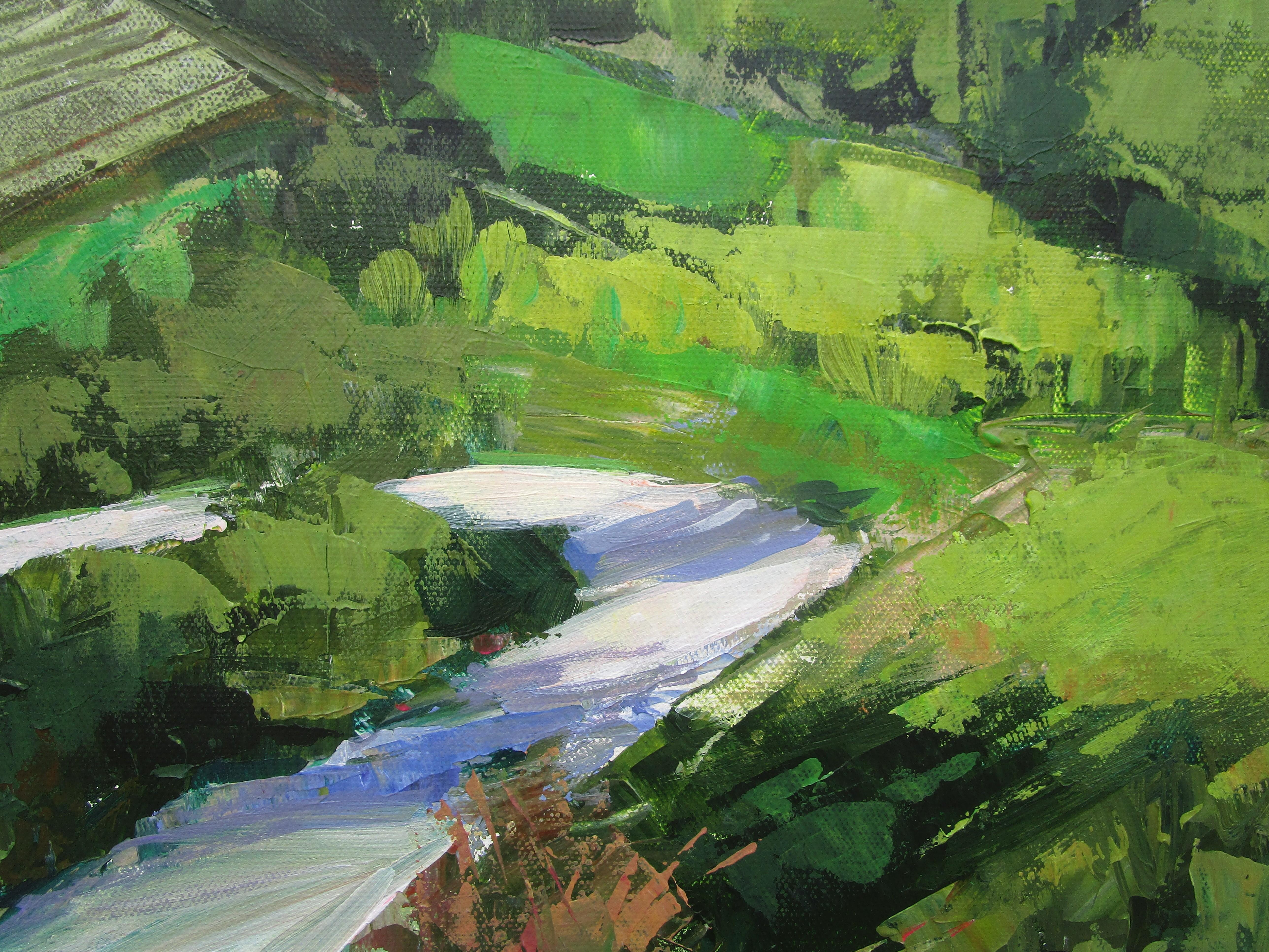 <p>Kommentare des Künstlers<br>Eine Luftaufnahme zeigt eine malerische Landschaft in Südfrankreich mit üppigem Grün und Ackerland, das sich an eine kurvenreiche Straße schmiegt. Ein Zickzack-Weg auf einem steilen Hügel mag zwar Unbehagen auslösen,