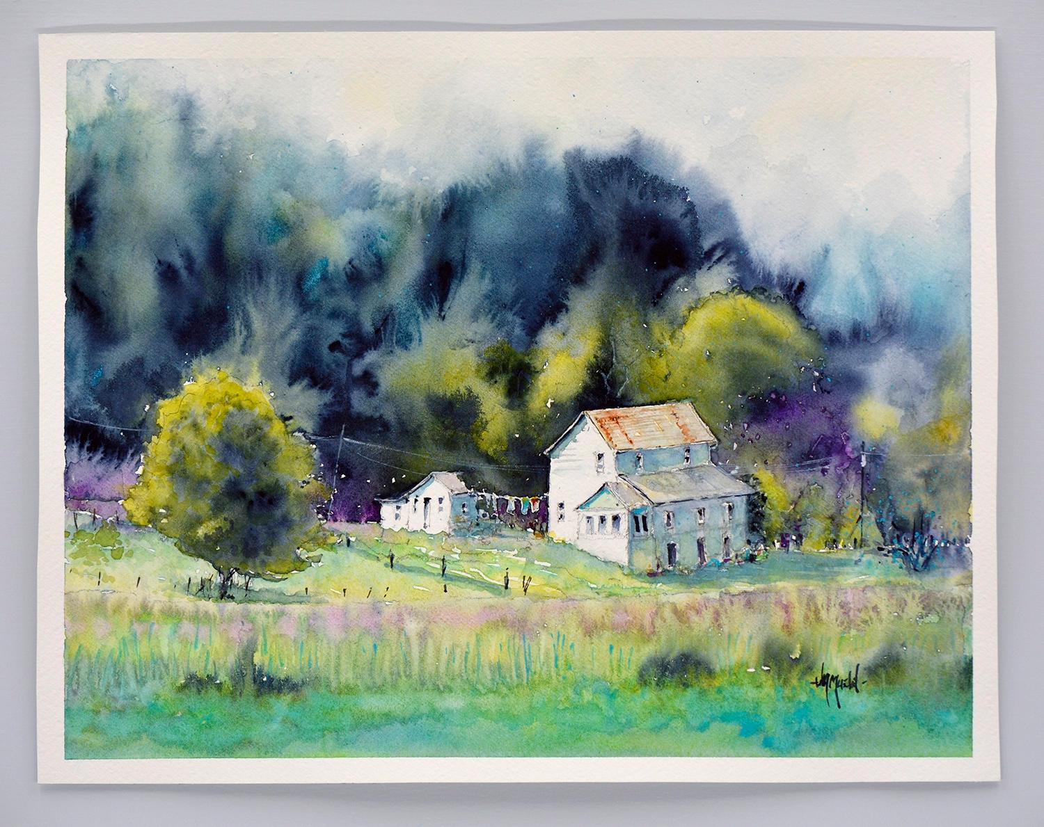 <p>Artist Comments<br>Garments gently sway on a clothesline attached to a farmhouse, portraying the simple beauty of a typical day in the countryside. This artwork is part of artist Judy Mudd's Land, Farms, and Homes collection. Judy creates an
