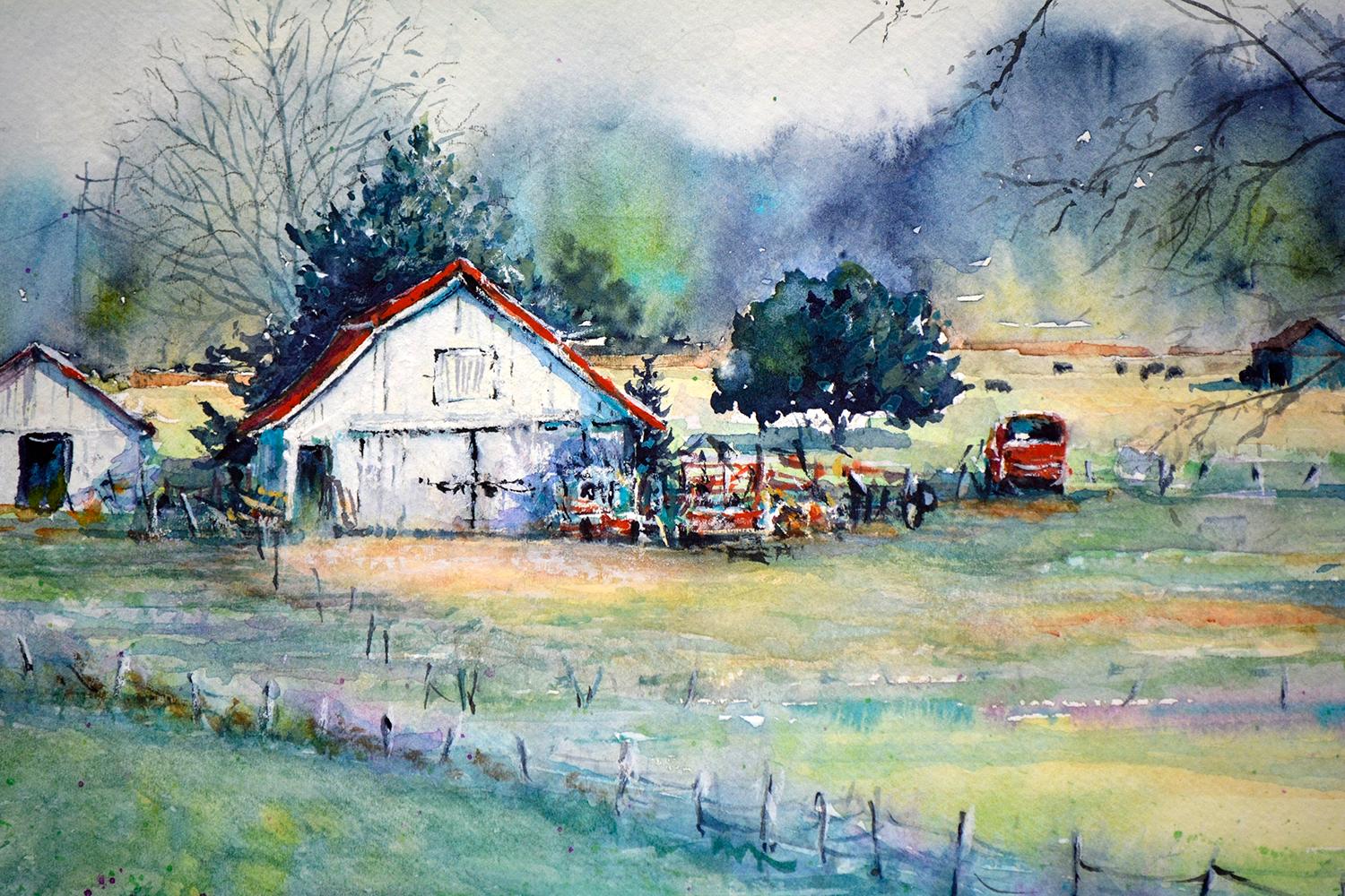 <p>Artist Comments<br>In the middle of a rural landscape, a farmhouse stands out with its white, weathered walls against the vibrant field. Judy creates an emotionally moving work by experimenting with quick, free-flowing, vibrant painting