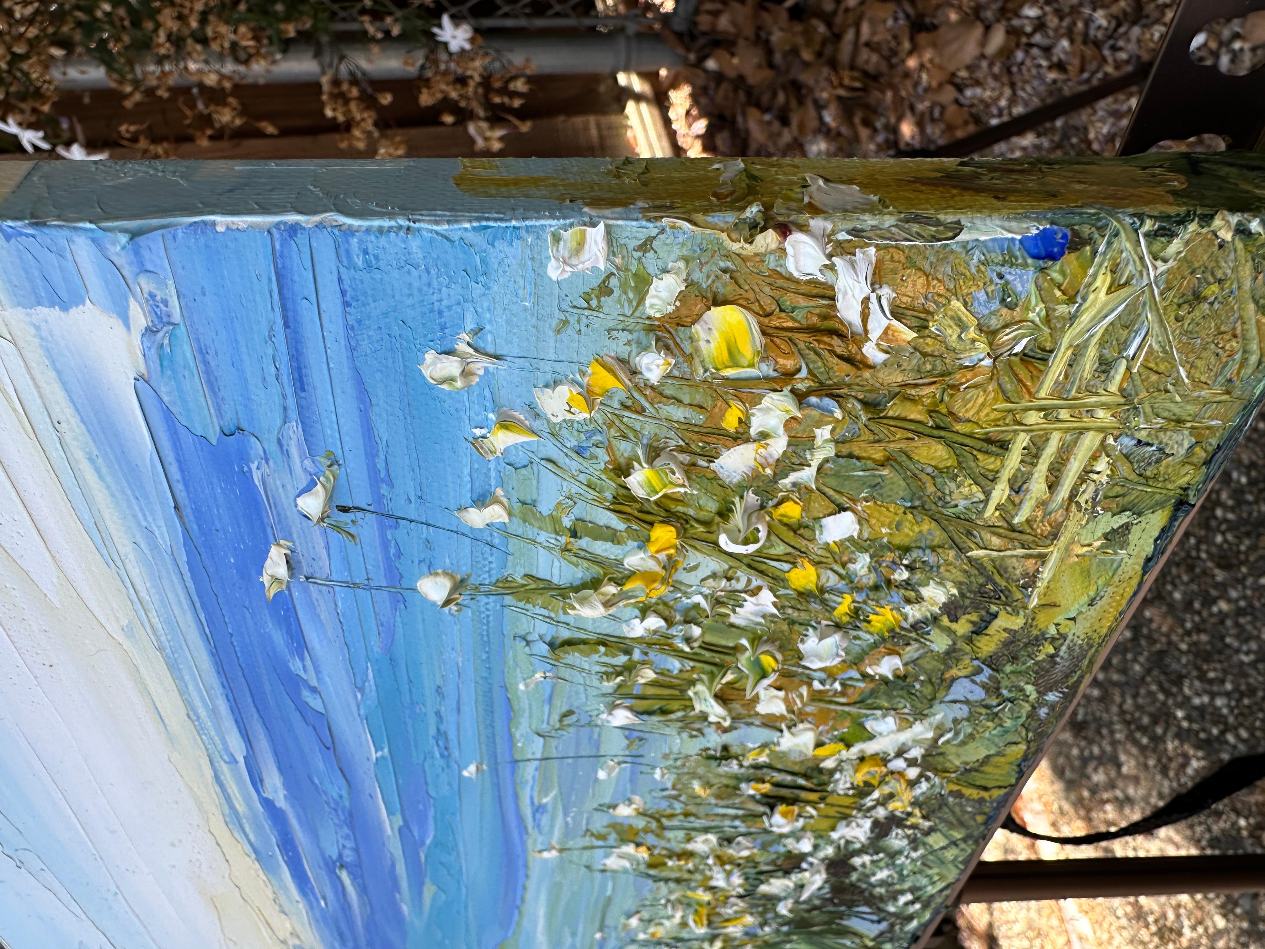 Fleur sauvage et bleu, peinture à l'huile - Painting de Lisa Elley