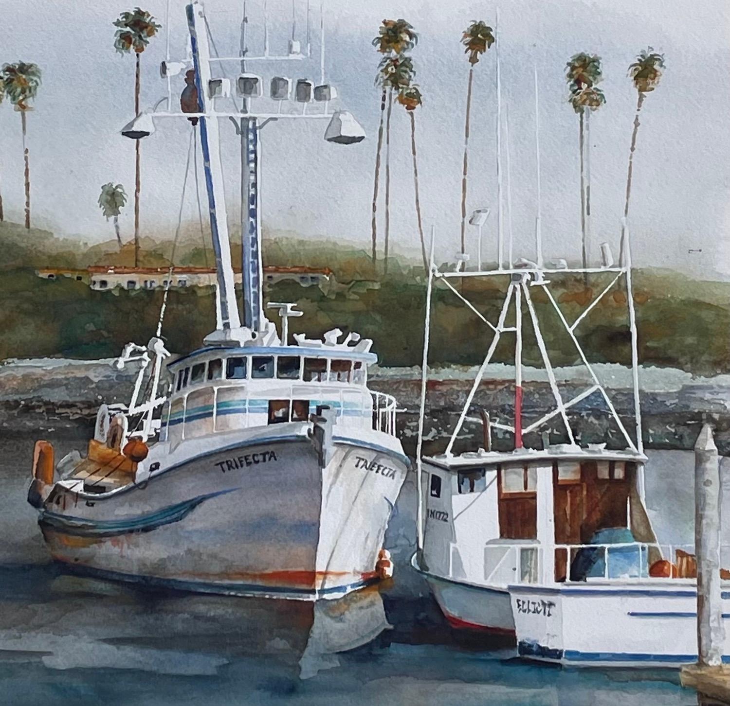 <p>Artist Comments<br>Drawn to the repeating horizontal lines of the distant trees, rock wall, and water, artist Thomas Hoerber captures the scene with watercolor. Two boats rest peacefully by a dock along the Channel Islands in Ventura County,