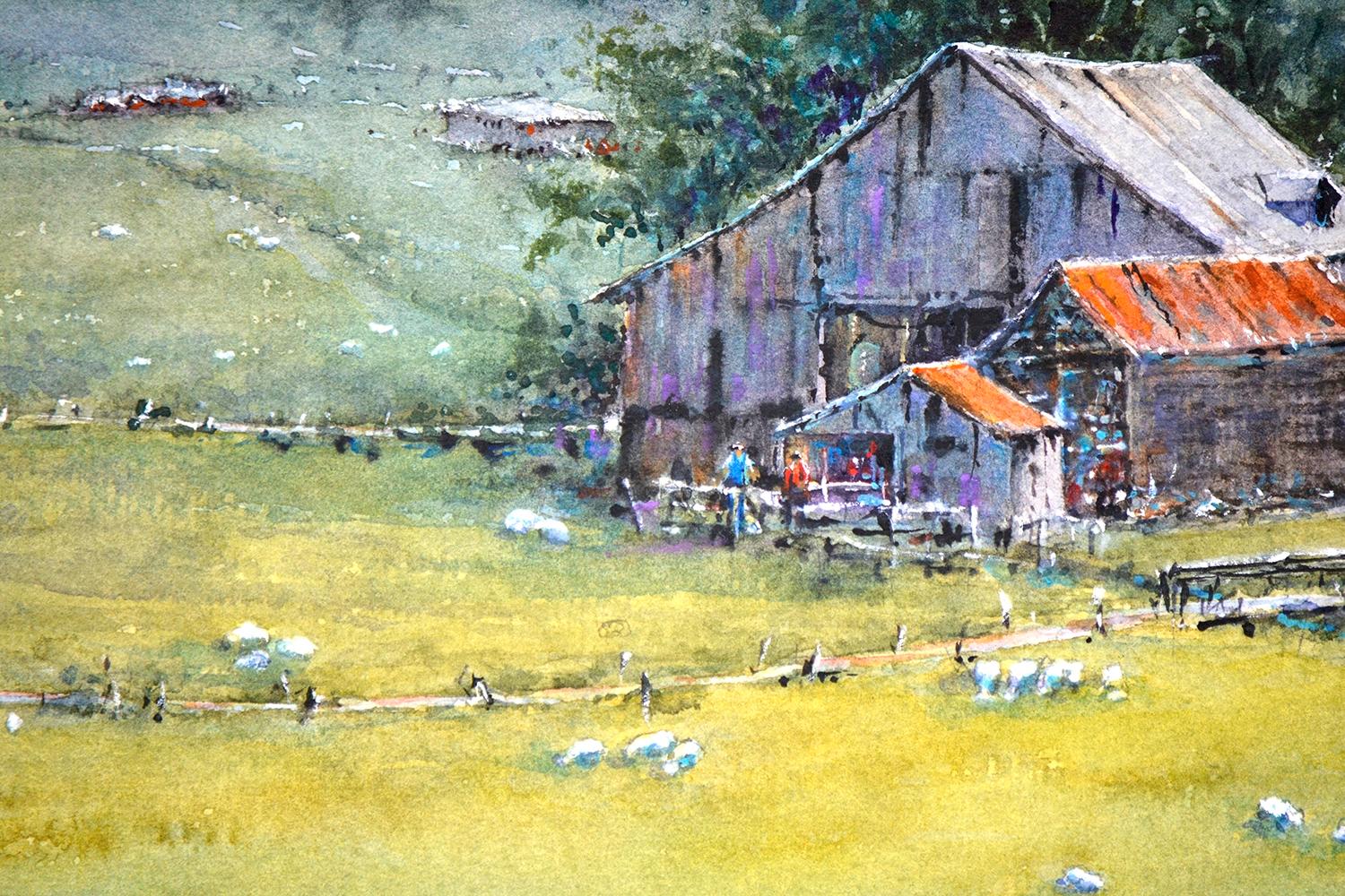 <p>Artist Comments<br>A vibrant landscape painting portrays life in the countryside. Sheep graze peacefully as spring arrives, while people gather around a barn to go about their routines. Artist Judy Mudd captures the scene to pay tribute to