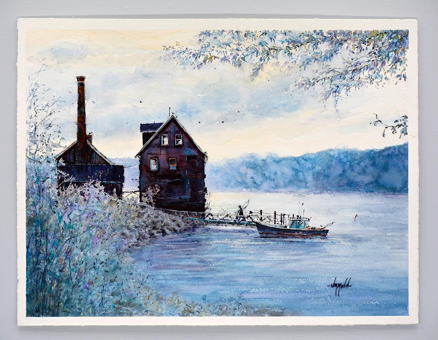 <p>Artist Comments<br>With his fishing gear slung over his back, a man heads towards the lakeside cabins, leaving his boat docked nearby. The calming blue of the water and distant treeline surround him, creating a tranquil atmosphere. Artist Judy