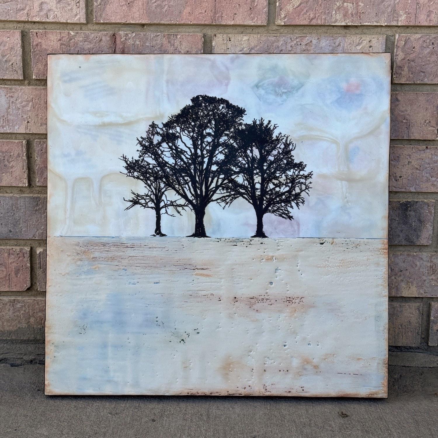 <p>Artist Comments<br>Dark contrasting silhouettes of trees stand prominently against the ethereal landscape. The field and sky exude a delicate presence, adding to the serene atmosphere of the scene. Artist Shari Lyon creates the piece using paint