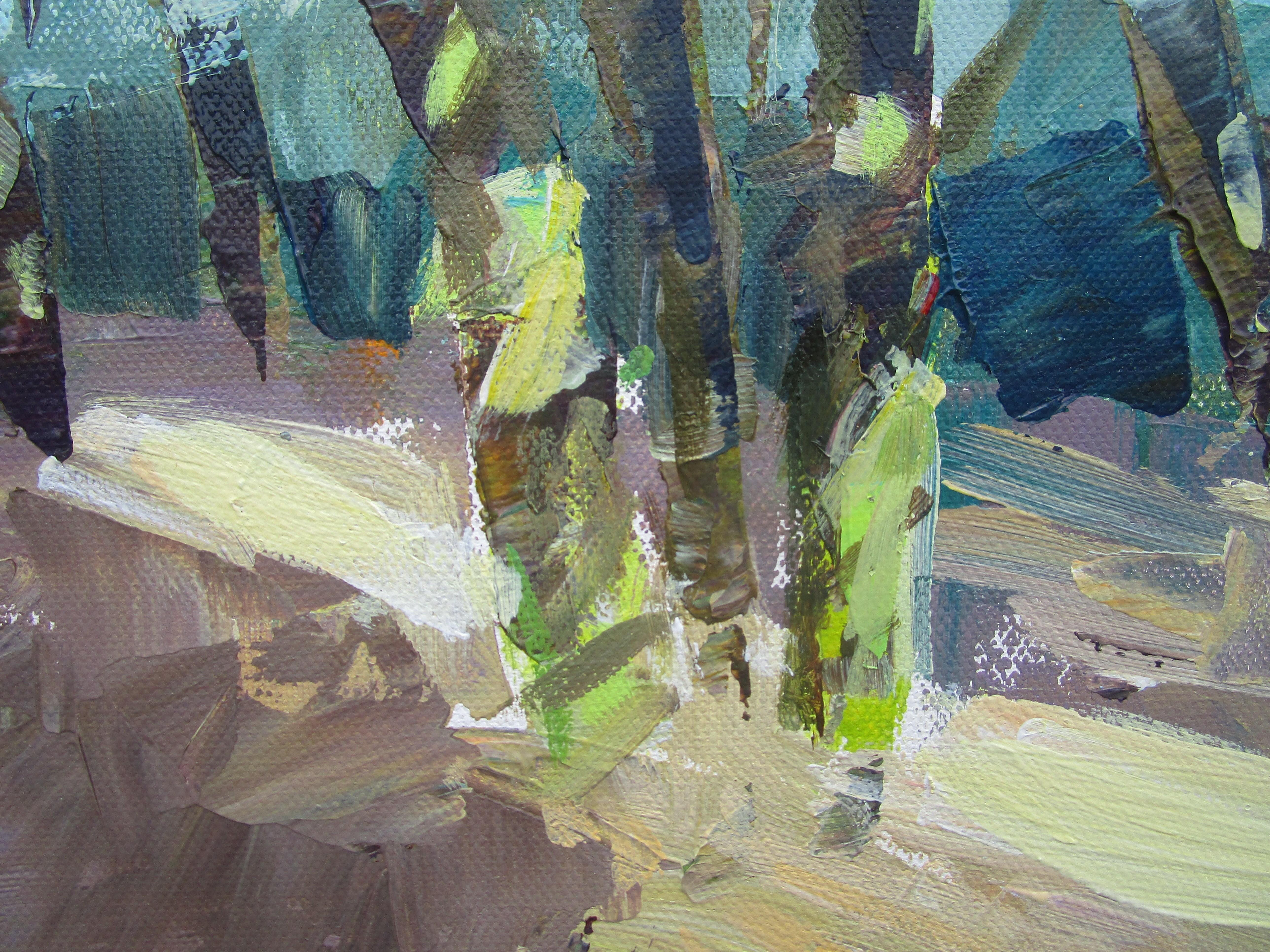 Peinture originale Olive Trees on the Hillside - Gris Landscape Painting par Janet Dyer