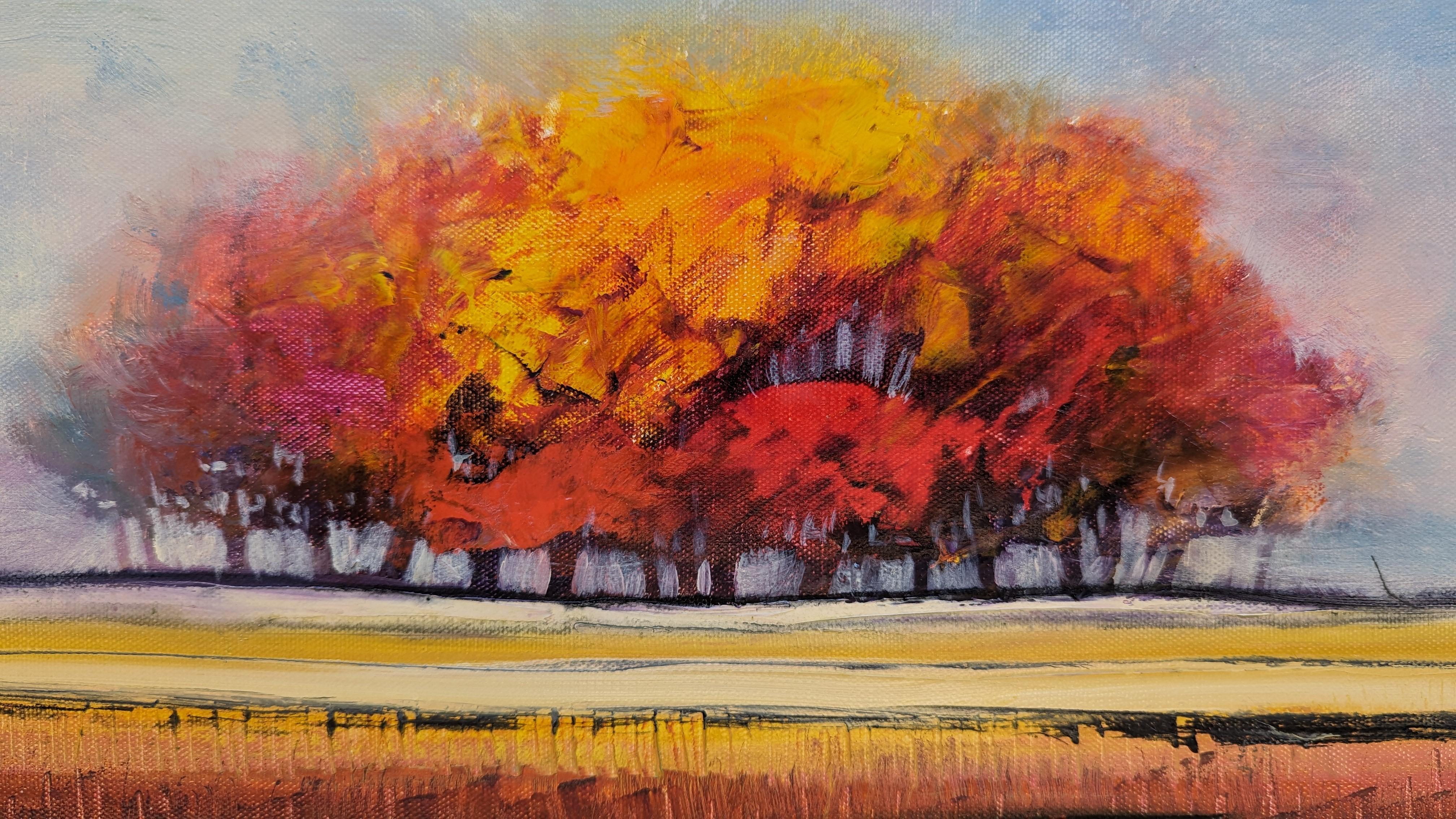 <p>Kommentare des Künstlers<br>Eine Gruppe von Bäumen steht inmitten eines weiten Feldes, ihre Baumkronen verschmelzen zu einer einheitlichen Präsenz. Gegen die Kühle des blauen Himmels bringen die orangefarbenen Blätter Wärme und Lebendigkeit in