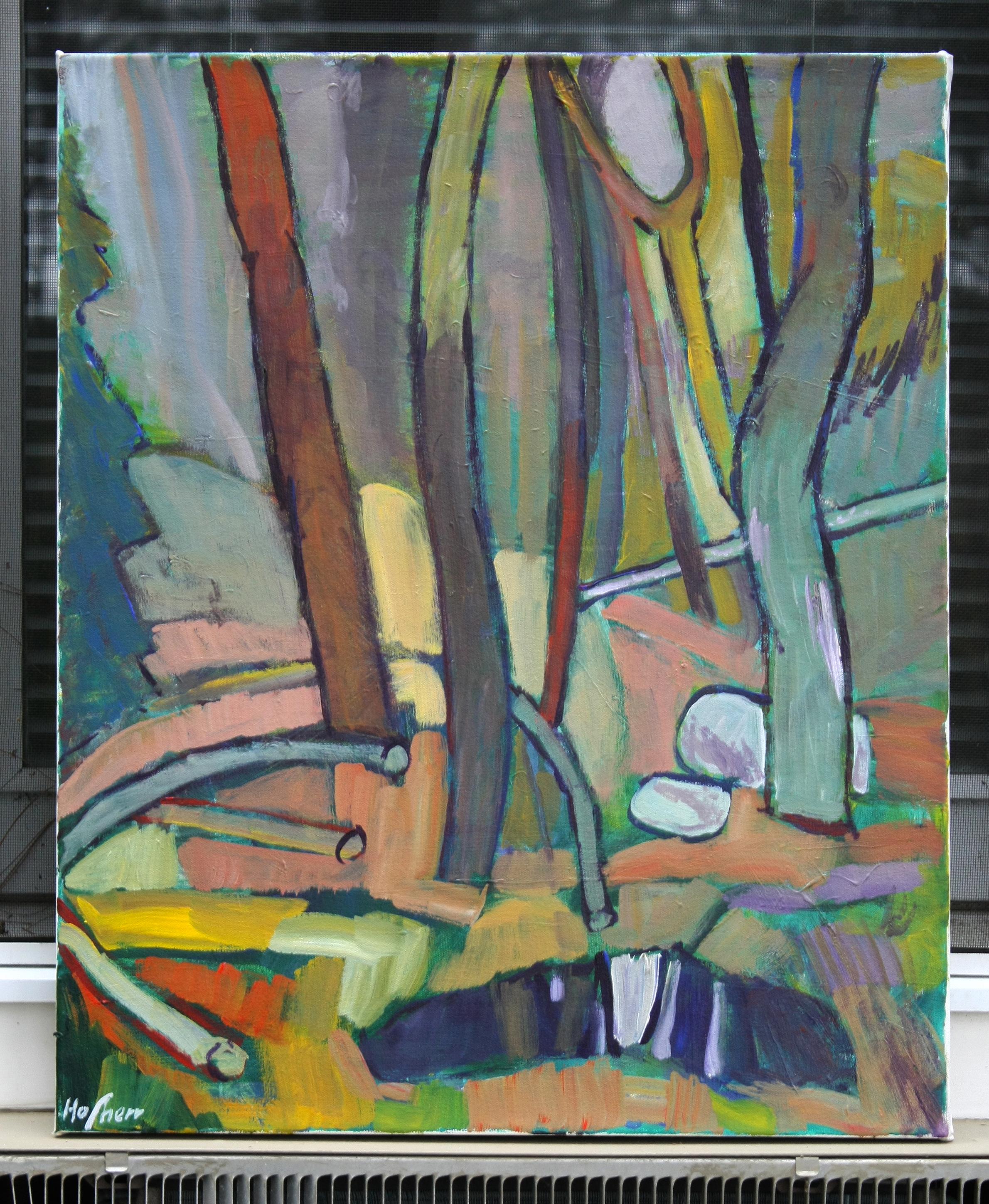 <p>Artist Comments<br>The artwork presents an expressionist view of a Massachusetts woodland, featuring simplified details and muted colors. It exemplifies reduction, offering only the essential elements needed to complete the forest scene. The