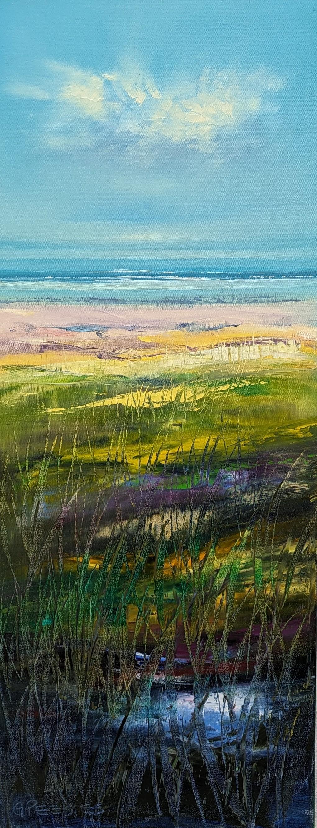 Temps d'écran, peinture à l'huile - Bleu Landscape Painting par George Peebles