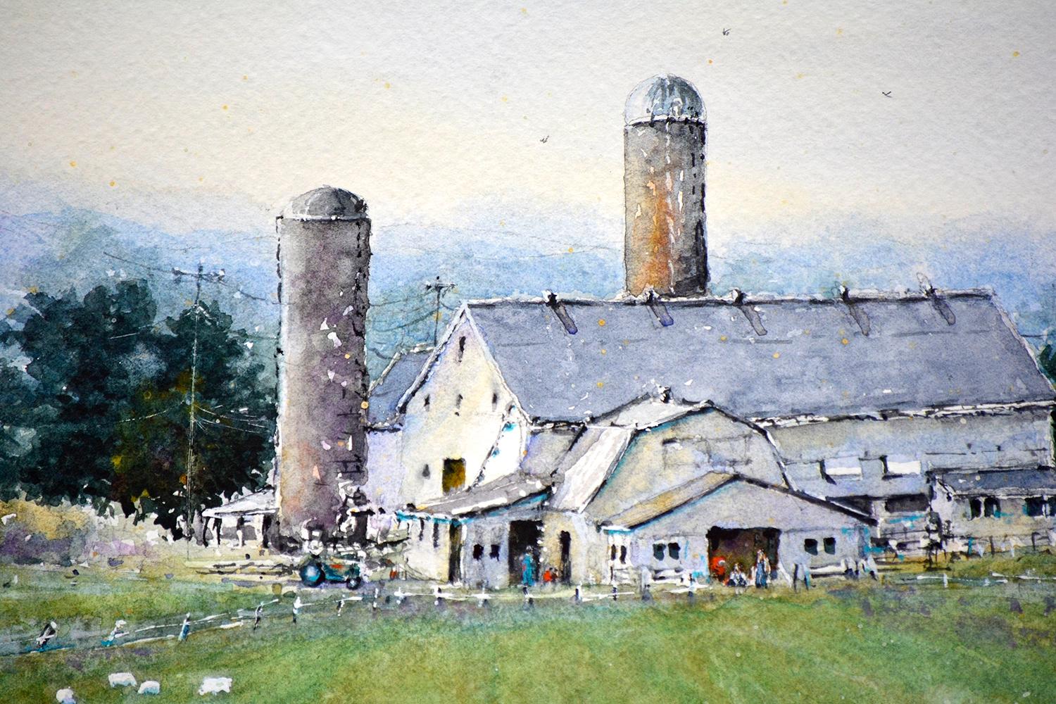 Near Strasburg, peinture originale - Marron Landscape Art par Judy Mudd