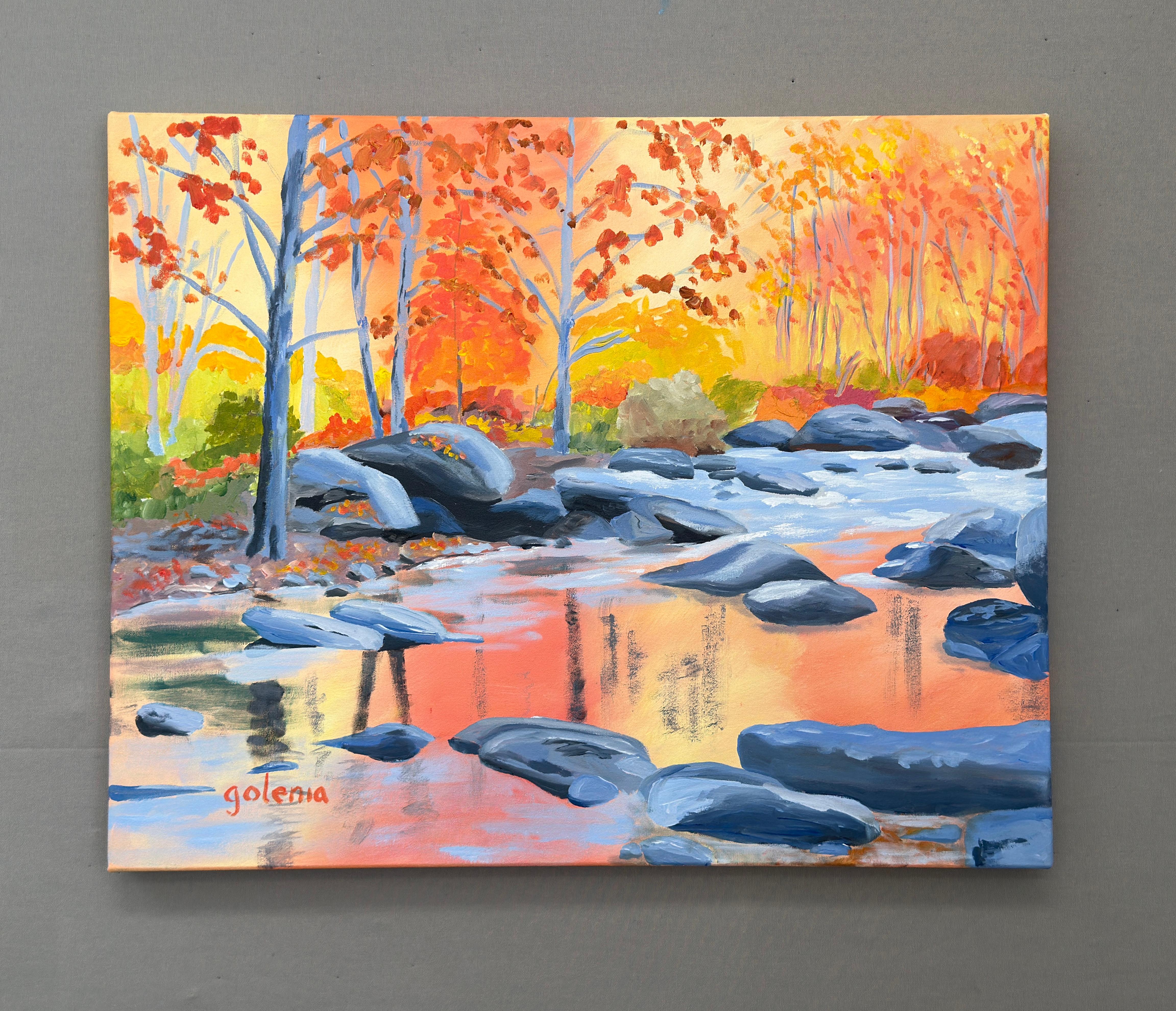 <p>Commenti dell'artista<br />Il sole del pomeriggio fa risaltare i magici colori dell'autunno. I gialli e gli arancioni si mescolano, sfumando con grazia tra gli alberi. Il fiume riflette l'ambiente circostante, esaltando la bellezza della