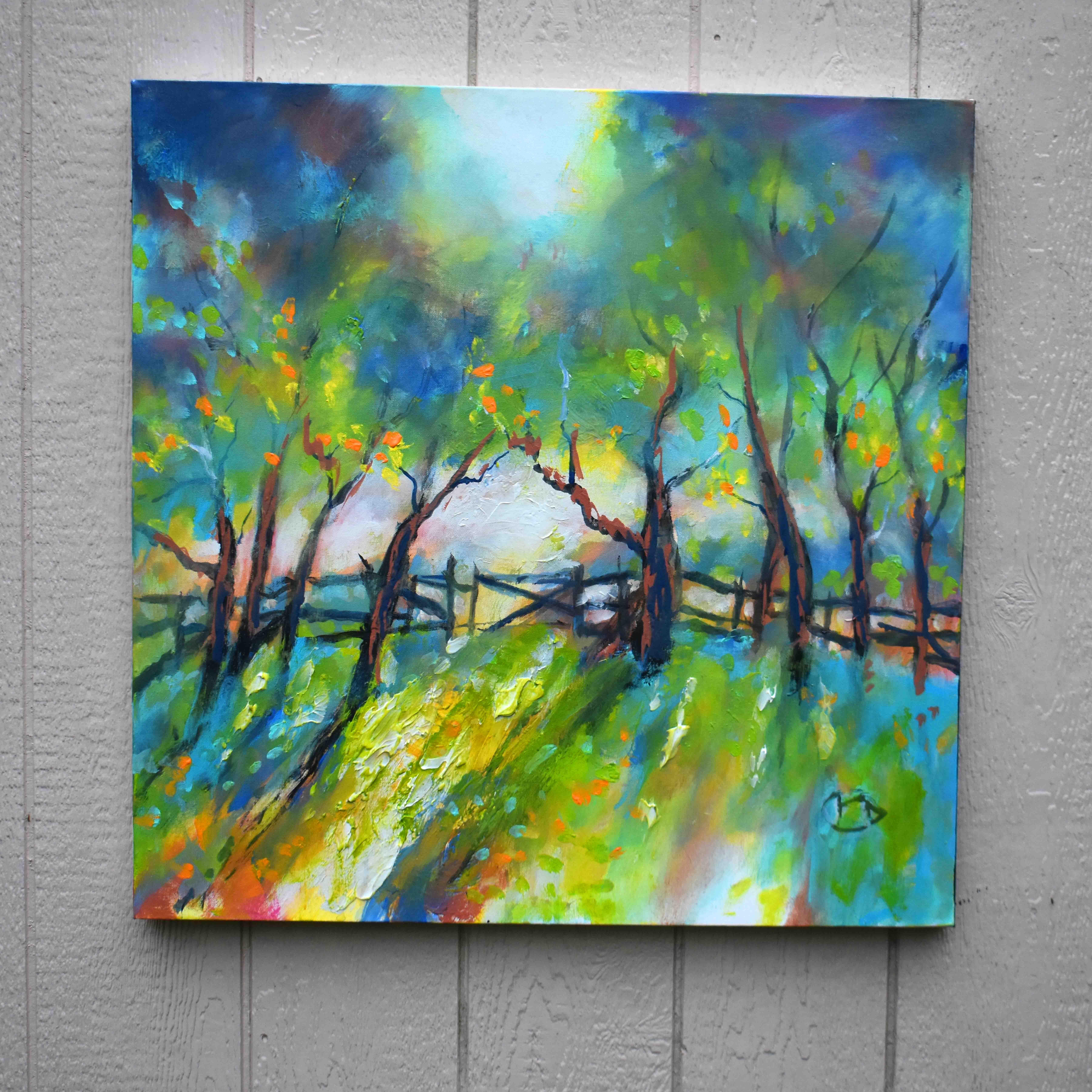 <p>Commentaires de l'artiste<br />La lumière du soleil filtre à travers la clôture et les arbres, donnant à la scène une lueur chaude et accueillante. Les jaunes, les bleus et les verts évoquent un sentiment de détente et de tranquillité.