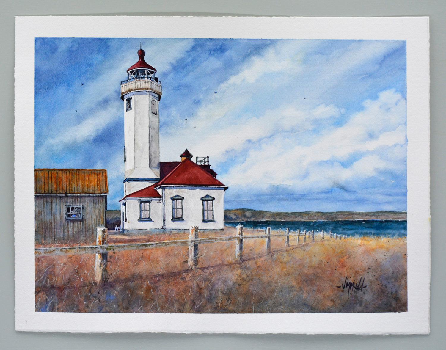 <p>Artist Comments<br />A lighthouse stands on a grassy point, overlooking the tranquil waters of Admiralty Inlet. Its sturdy white walls and vibrant red roofs contrast with the blues of the sky and sea. The landscape softly gleams under the sun.