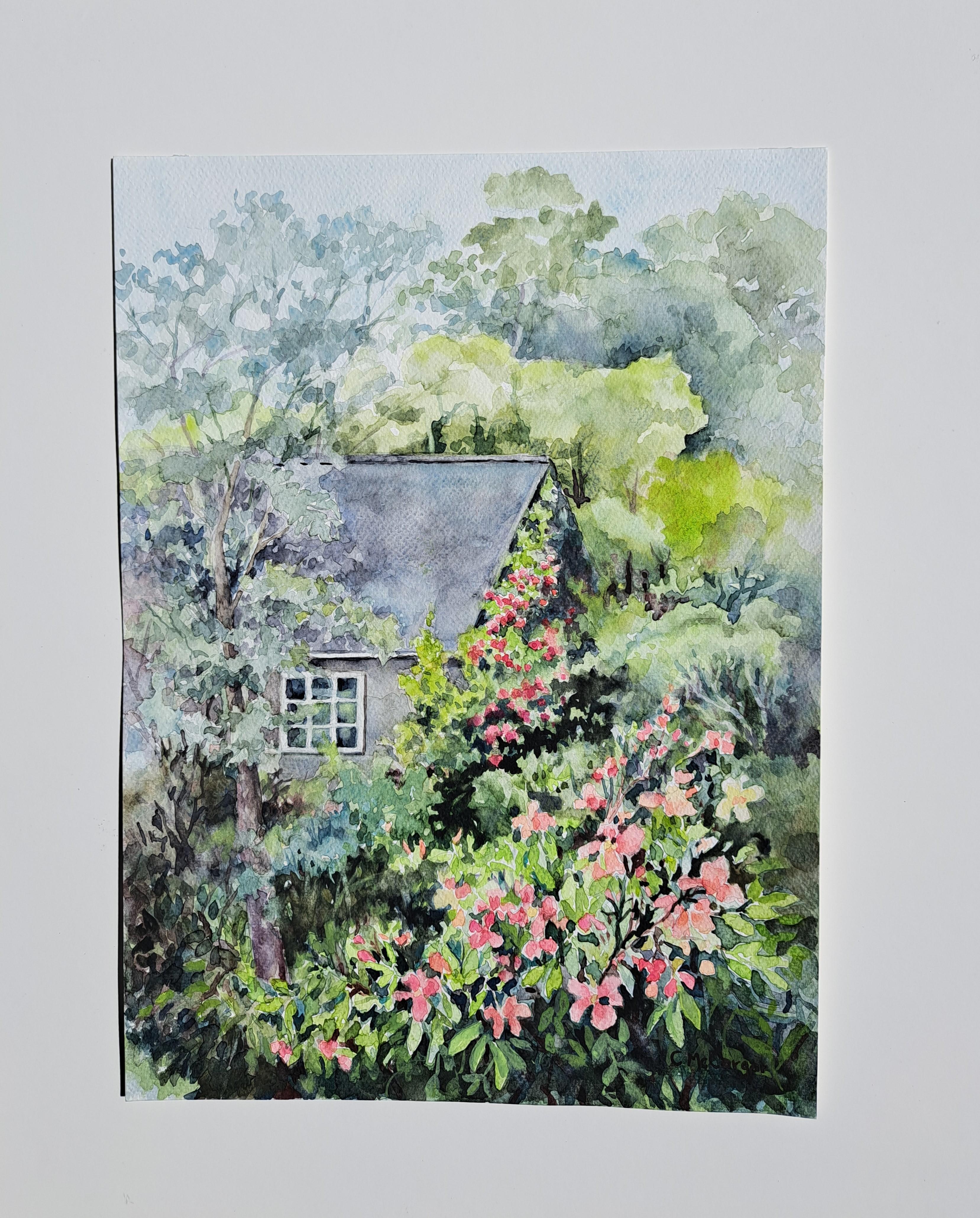 <p>Comentarios del artista<br />Una espesa vegetación rodea una pintoresca casita, cuyo tejado asoma entre el vibrante follaje. Las rosas florecen profusamente en primer plano, mientras los árboles se elevan en la distancia. La artista Catherine