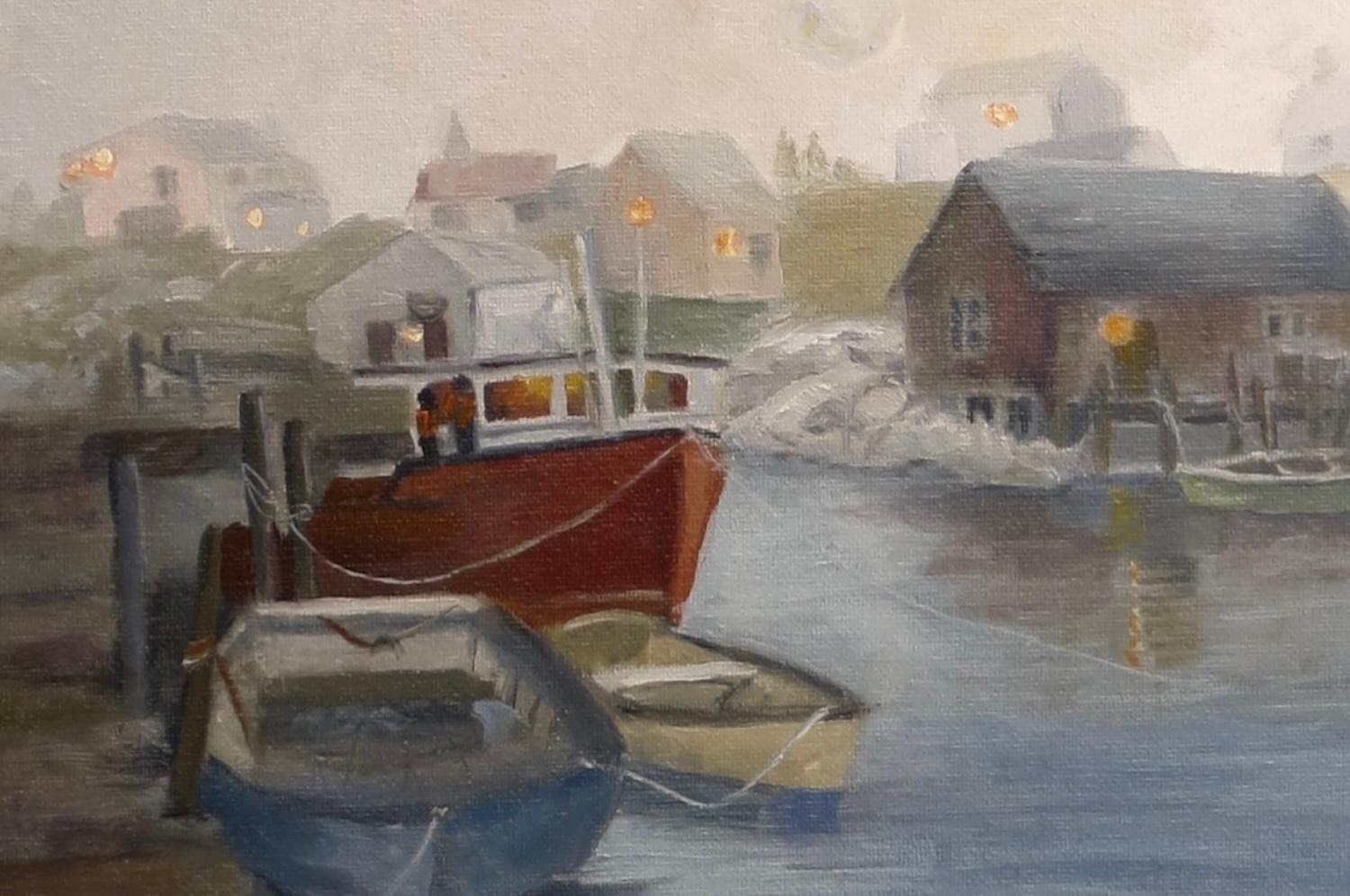 Peggy's Cove, Pittura a olio - Landscape Painting Grigio di Joanie Ford