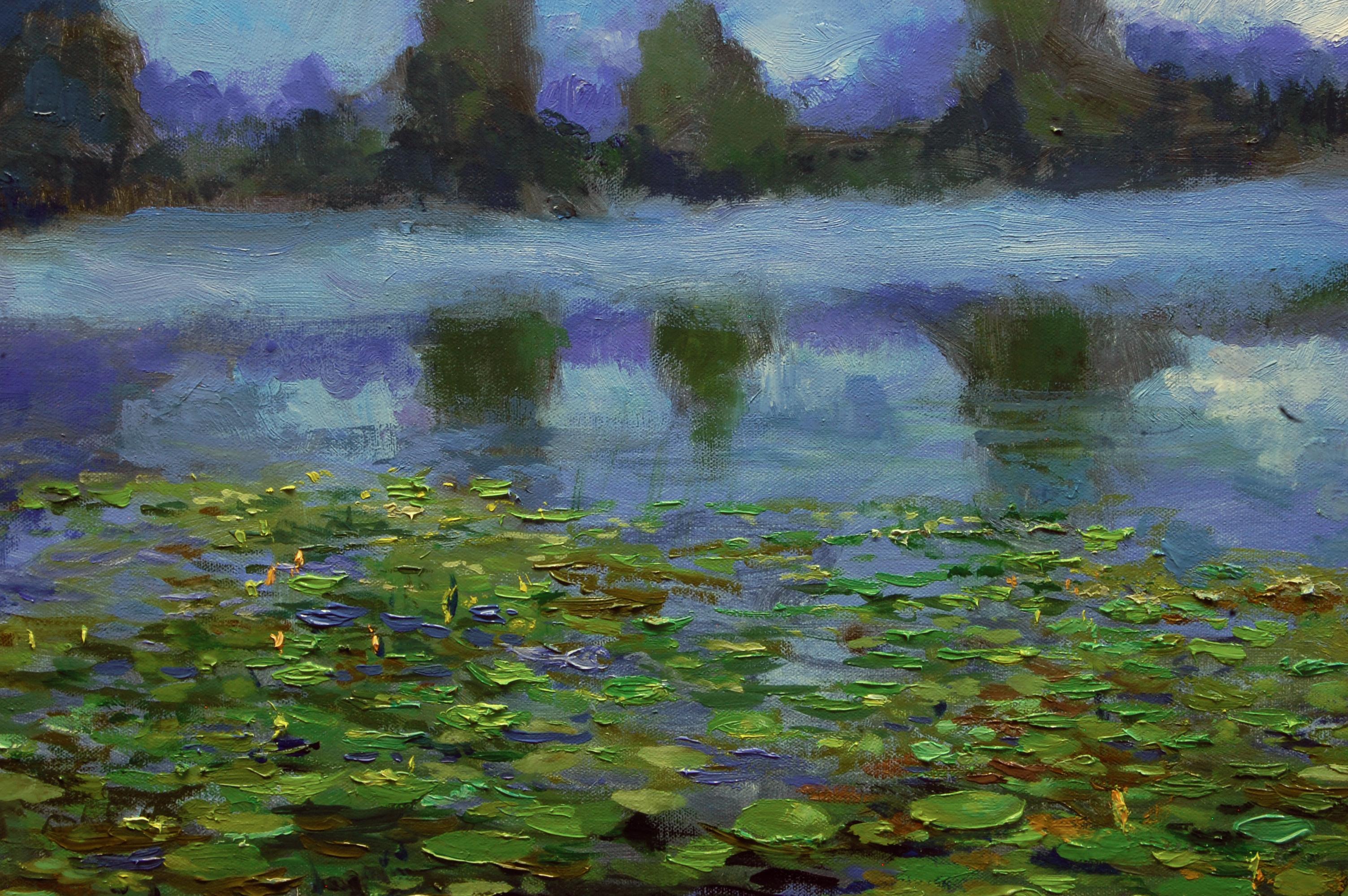 Brume matinale et lys, peinture à l'huile en vente 1