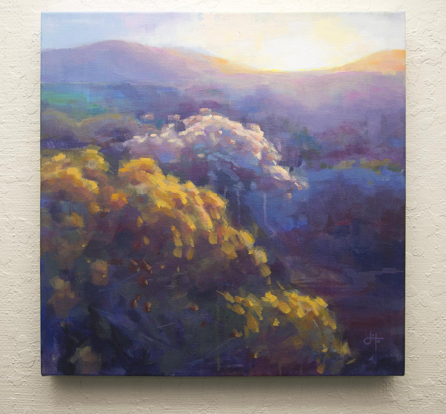<p>Commentaires de l'artiste<br />Le soleil levant baigne un désert d'altitude d'une lumière chaude et dorée. Des ombres douces et violettes se mêlent aux teintes jaunes et orange vibrantes de la broussaille. Les coups de pinceau abstraits ajoutent