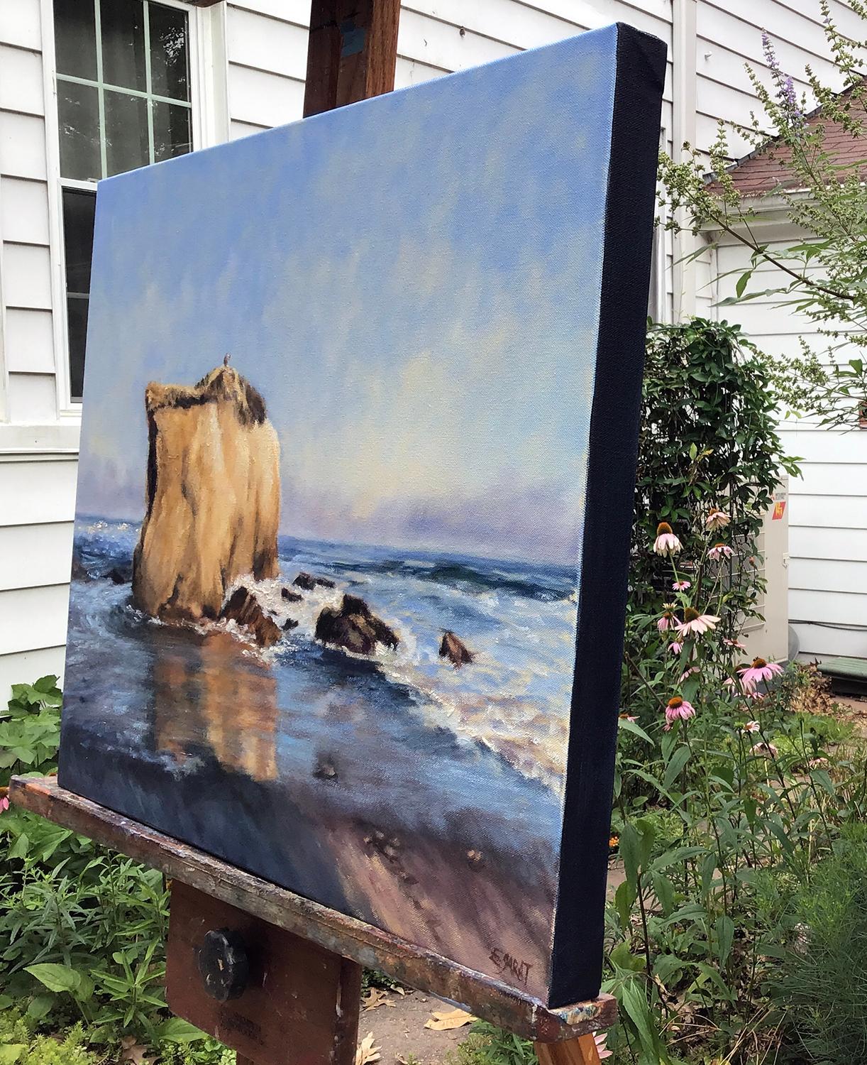 Rock at El Matador Beach; Malibu, Oil Painting - Gray Landscape Painting by Elizabeth Garat