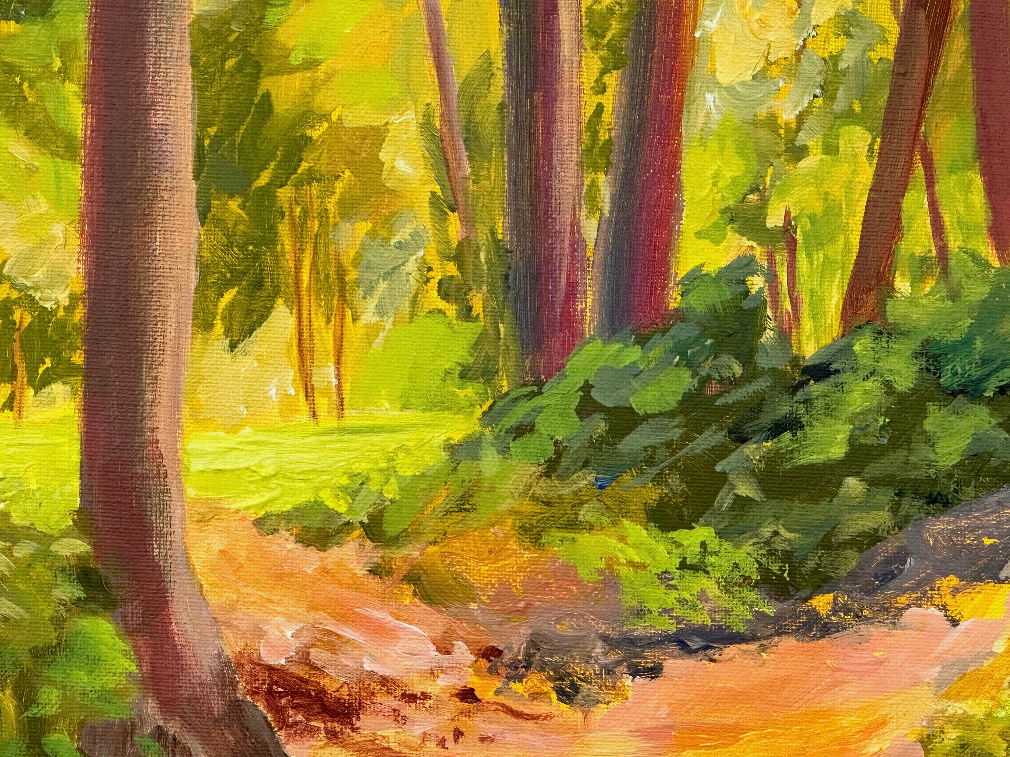 Randonnée printanière, peinture originale - Marron Landscape Painting par JoAnn Golenia