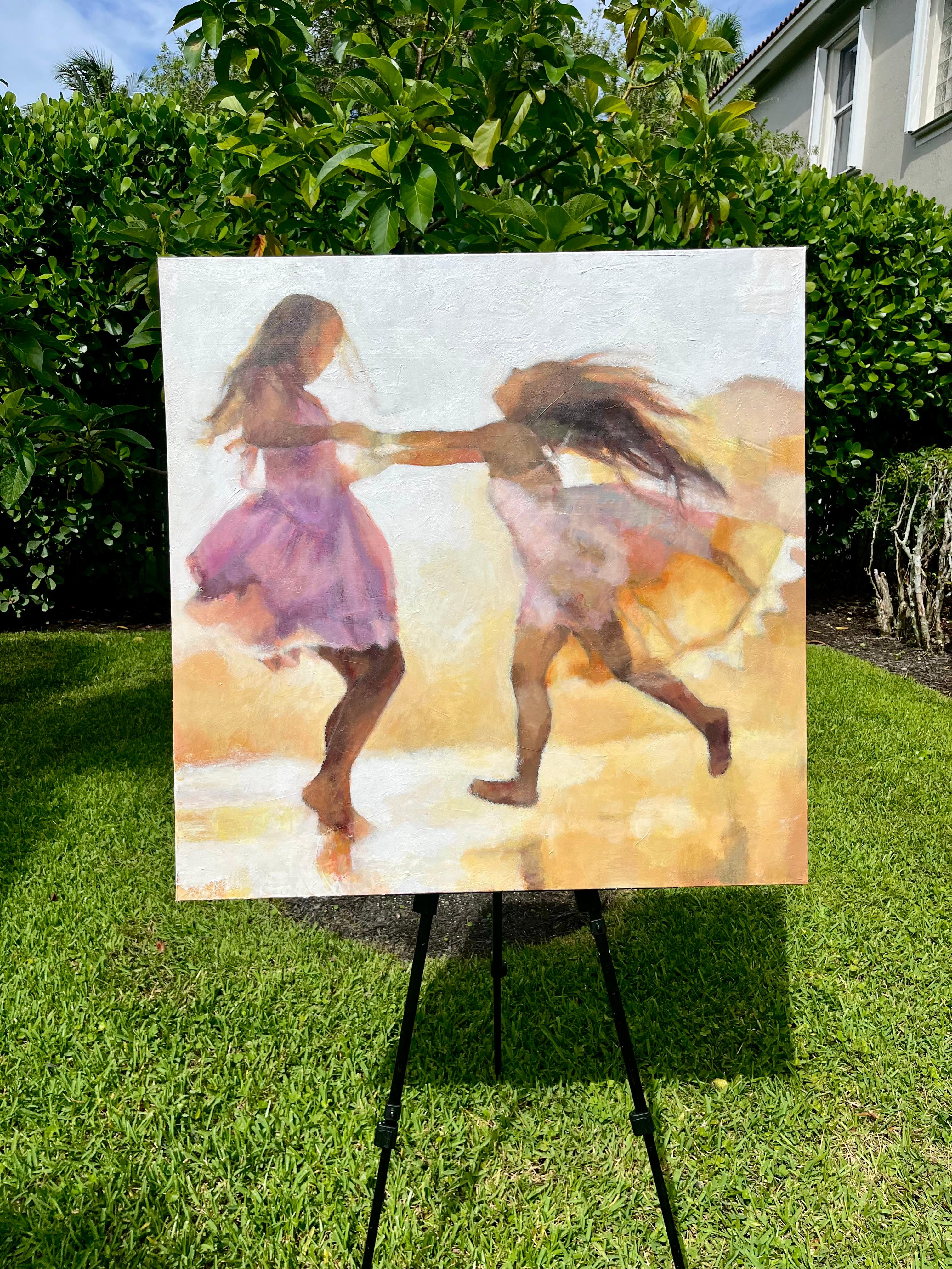 <p>Artist Comments<br>Two young girls dance happily, holding hands and spinning on a sunlit shore. Their dresses flow with their joyful movement. Soft, golden tones reflect off the ground, enhancing the feeling of a bright, carefree summer day. The