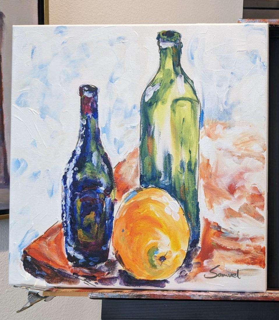 <p>Artist Comments<br />An orange sits between green and blue bottles. Their vibrant colors create a striking contrast against the soft background. Using a finger painting technique, artist Samuel Pretorius adds a distinctive charm to the