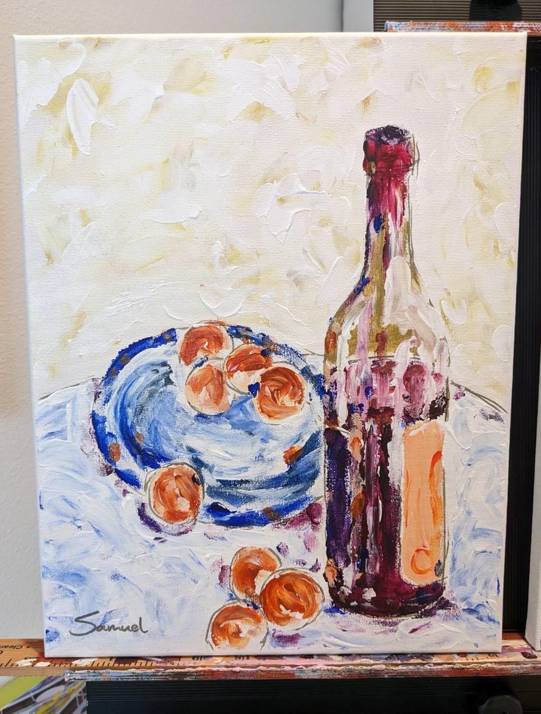 <p>Commentaires de l'artiste<br />Une assiette de biscuits et une bouteille de vin créent une scène accueillante. Leurs riches couleurs exsudent un sentiment dynamique d'indulgence et d'intimité. L'artiste Samuel Pretorius ajoute un charme