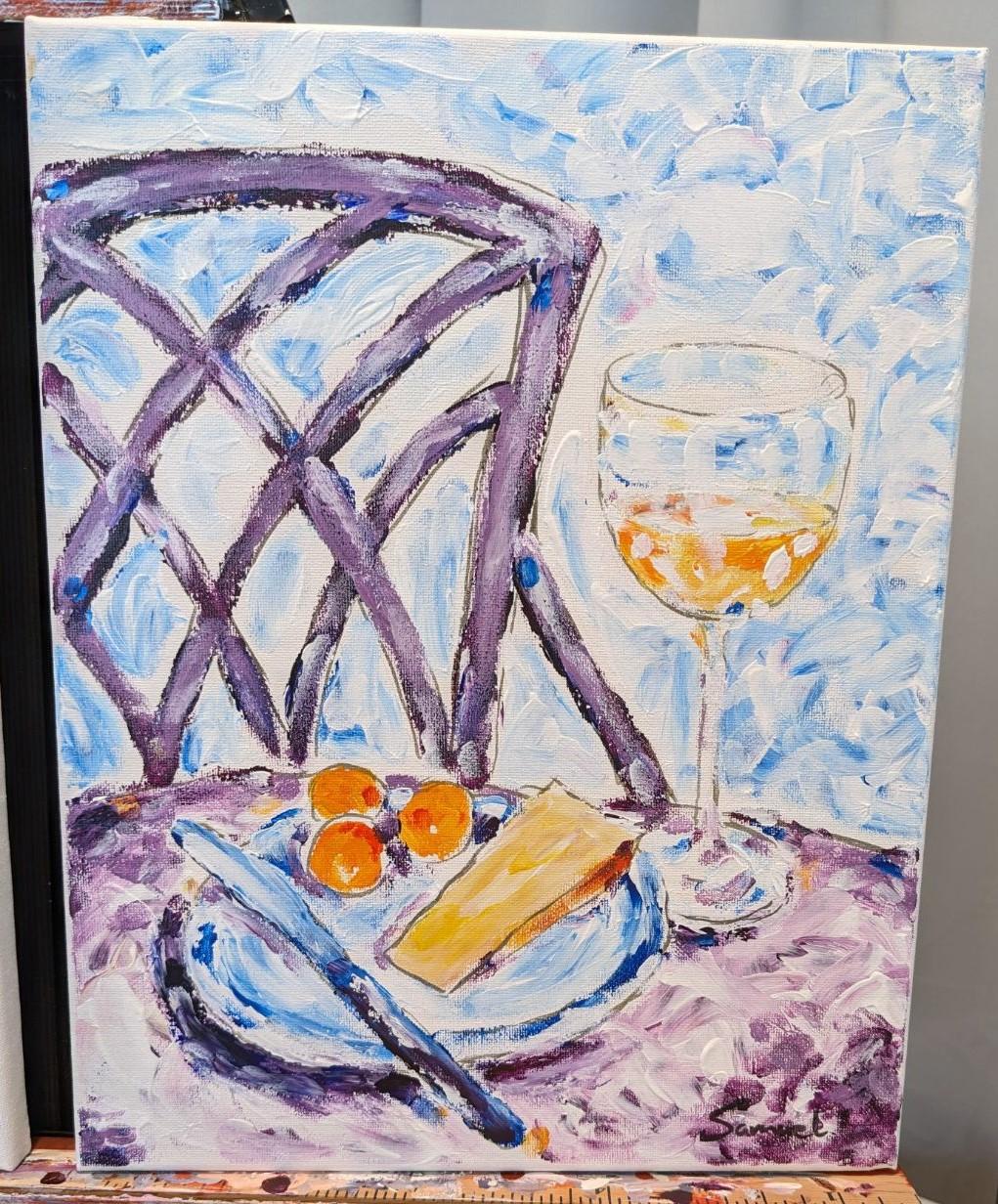 <p>Kommentare des Künstlers<br />Eine Scheibe Käse, Aprikosen und ein Glas Wein stehen auf einem violetten Tisch. Mit den Fingern gemalt, strahlt das Werk eine persönliche Note und Intimität aus. Die impressionistischen Pinselstriche evozieren eine