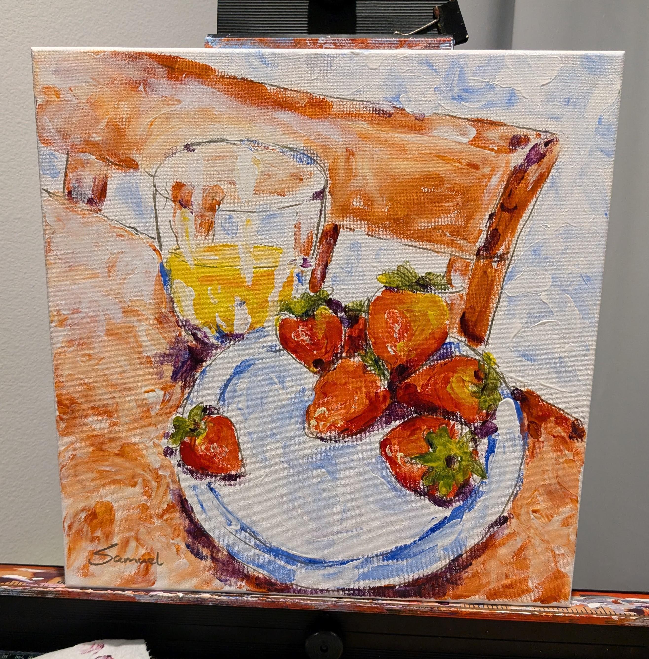 <p>Commentaires de l'artiste<br />Des fraises fraîches accompagnées d'un verre de jus d'orange sucré forment une scène de petit-déjeuner pittoresque. Les traits texturés et l'application brute de la peinture respirent la fraîcheur et la spontanéité,
