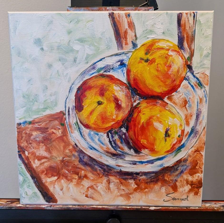 <p>Commentaires de l'artiste<br />Trois nectarines éclatantes remplissent un bol en verre, leurs couleurs chaudes et riches contrastant avec les tons plus froids de l'arrière-plan. Les coups de pinceau fougueux évoquent un sentiment d'immédiateté et