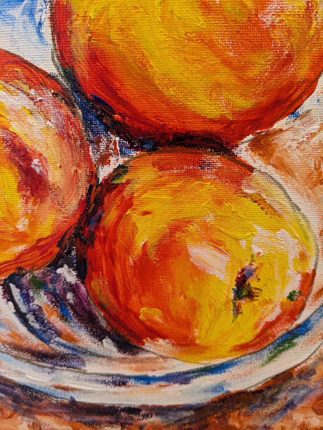 Nature morte aux trois nectarines, peinture originale en vente 1
