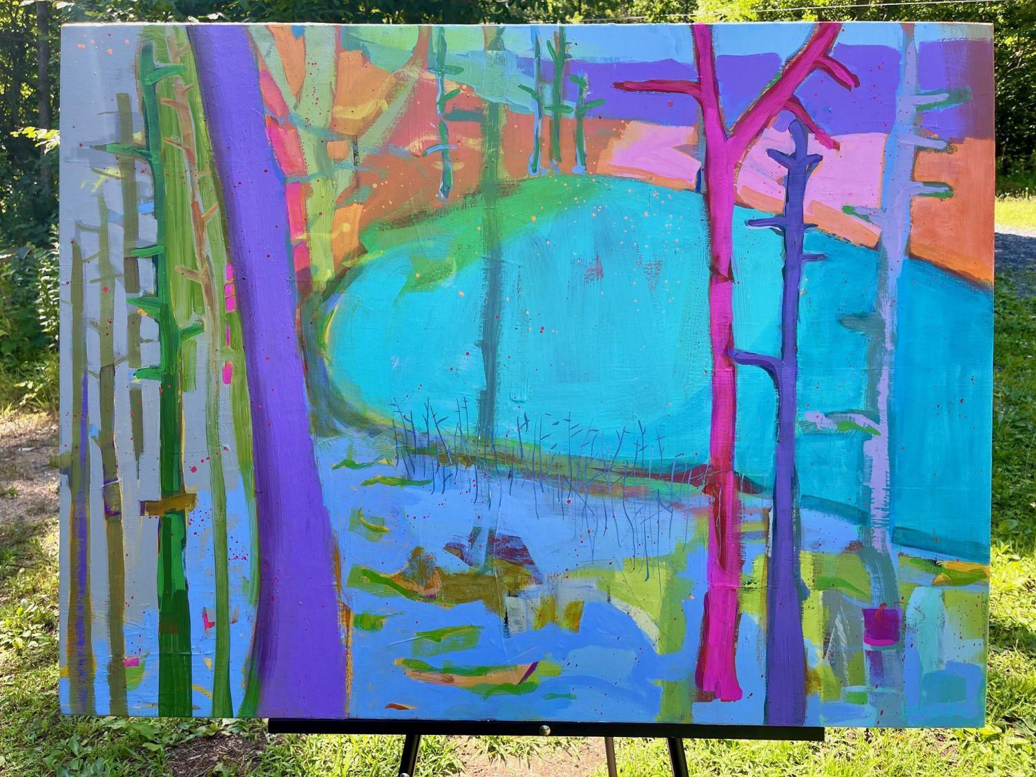<p>Commentaires de l'artiste<br />Un aperçu coloré d'une zone boisée révèle un étang et une zone humide herbeuse. La lumière se reflète sur l'eau, créant ainsi de la profondeur dans le tableau. Les couleurs vives confèrent à la scène une allure