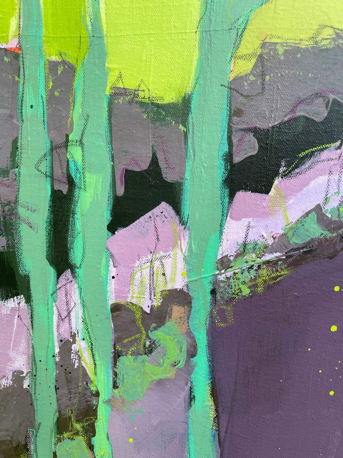 <p>Artist Comments<br />Leafless trees stretch upward against a vibrant, lime-green sky. A purple path leads the eye into the distance. The limited palette makes the scene cohesive and tranquil. Artist Peg Belcastro notes that the expansive