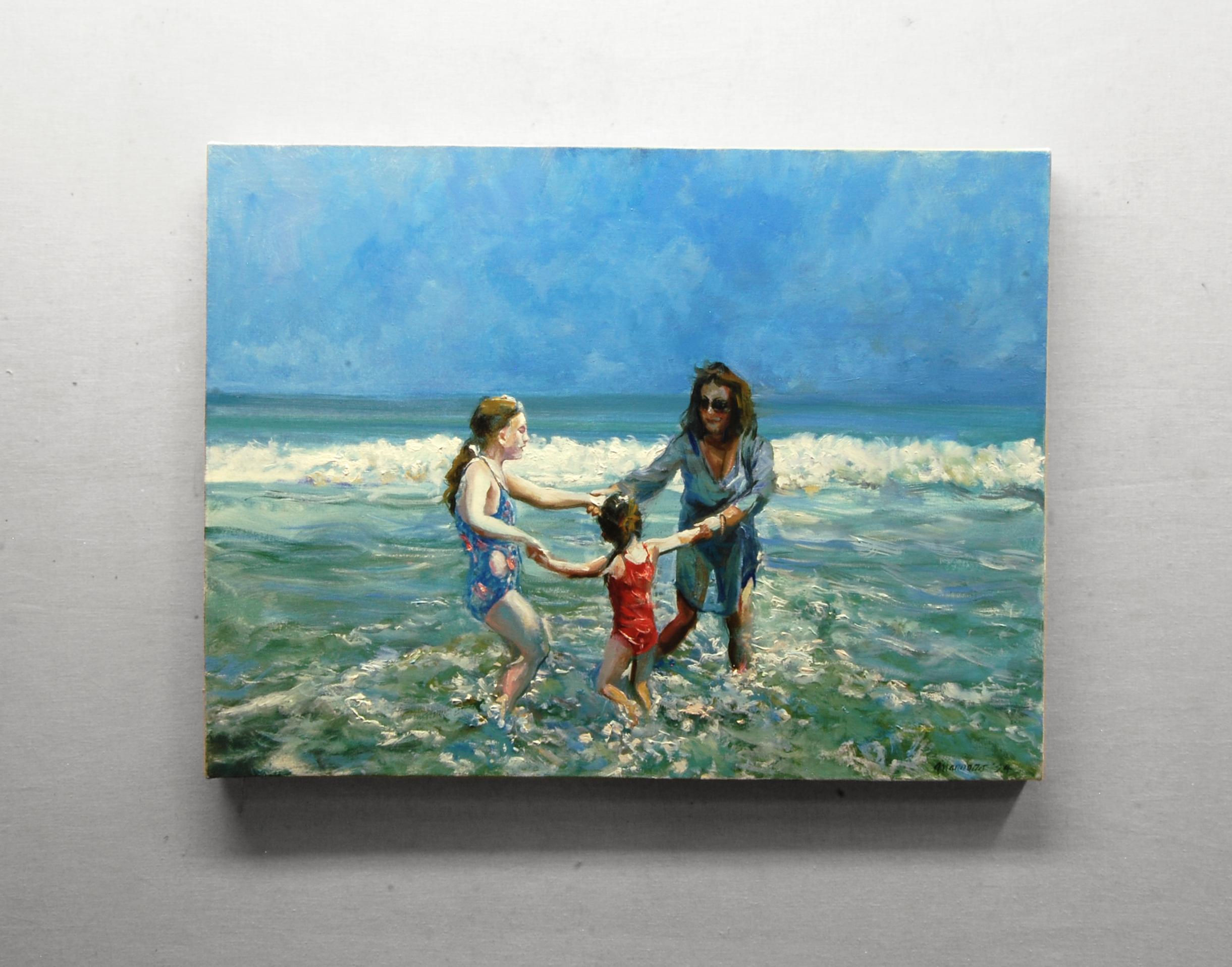 <p>Commentaires de l'artiste<br />L'artiste Onelio Marrero aime passer du temps avec sa famille sur le littoral du New Jersey. Dans ce tableau, sa femme s'ébat dans les vagues peu profondes avec deux de leurs petites-filles. Le ciel légèrement