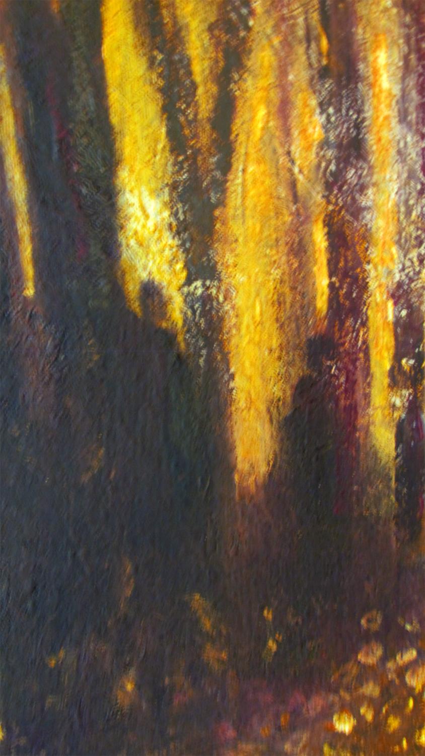 <p>Commentaires de l'artiste<br />Une forêt, peinte en brun profond, crée une atmosphère mystérieuse en fin de journée. Le ciel jaune vif jette une lumière dorée sur les fleurs sauvages au premier plan. Au-dessus de la tête, les branches