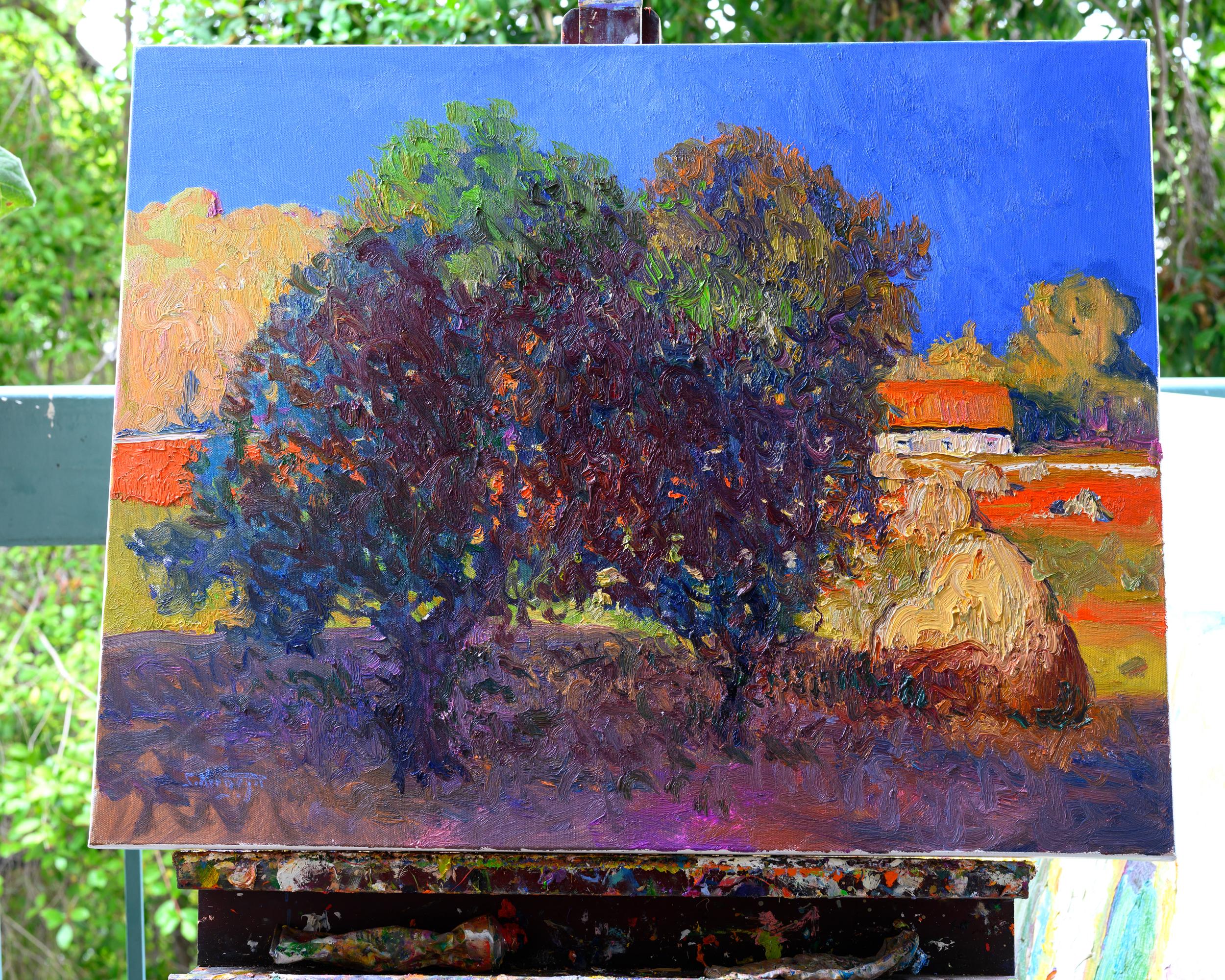 <p>Artist Comments<br />The early evening sunlight casts a beautiful, relaxing atmosphere over the farm. In the background, a farmhouse nestled among trees and haystacks reflects the serene beauty of the landscape. Painted with thick, impasto