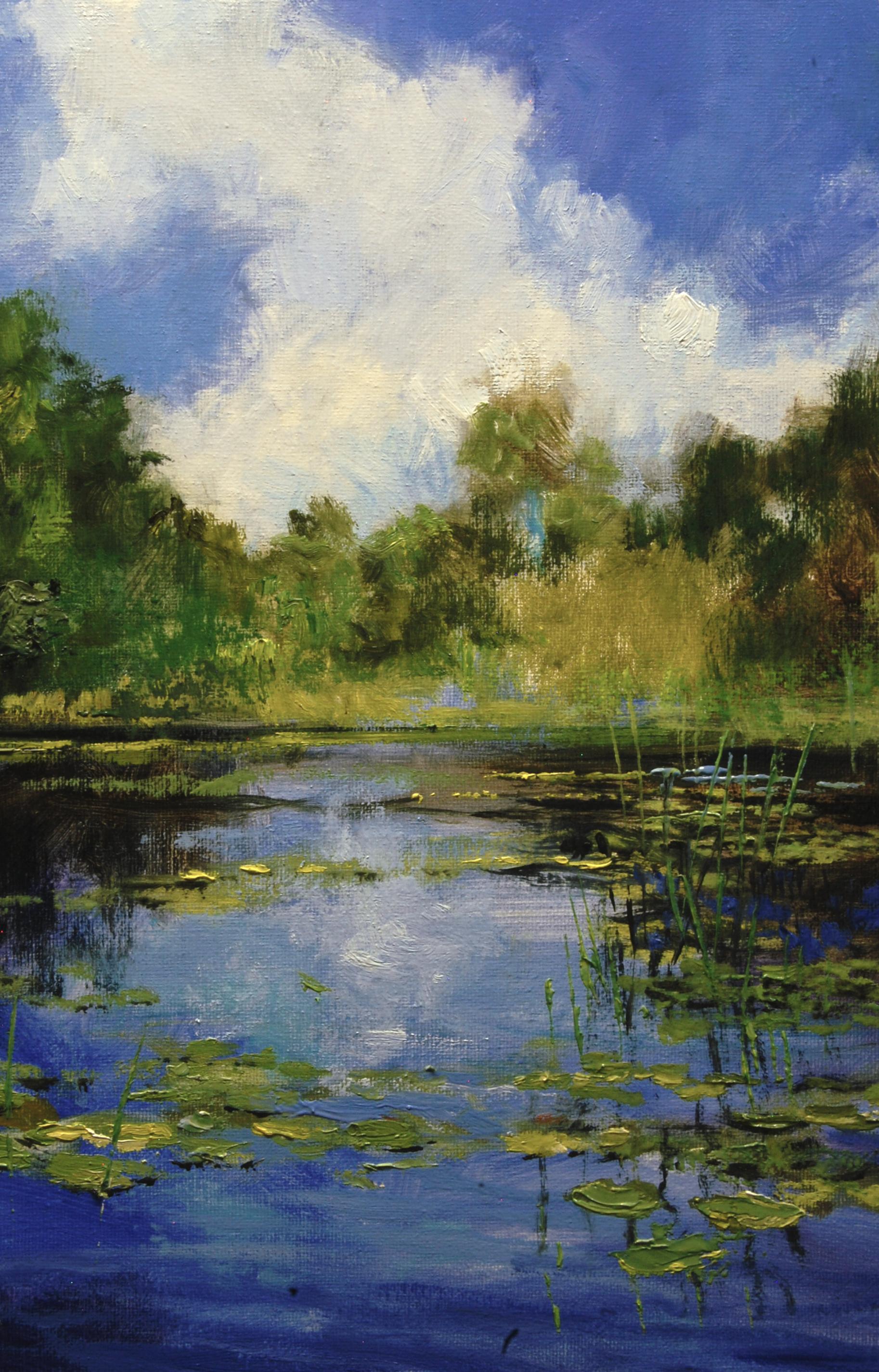 Roseaux émergents, peinture à l'huile - Noir Landscape Painting par Onelio Marrero