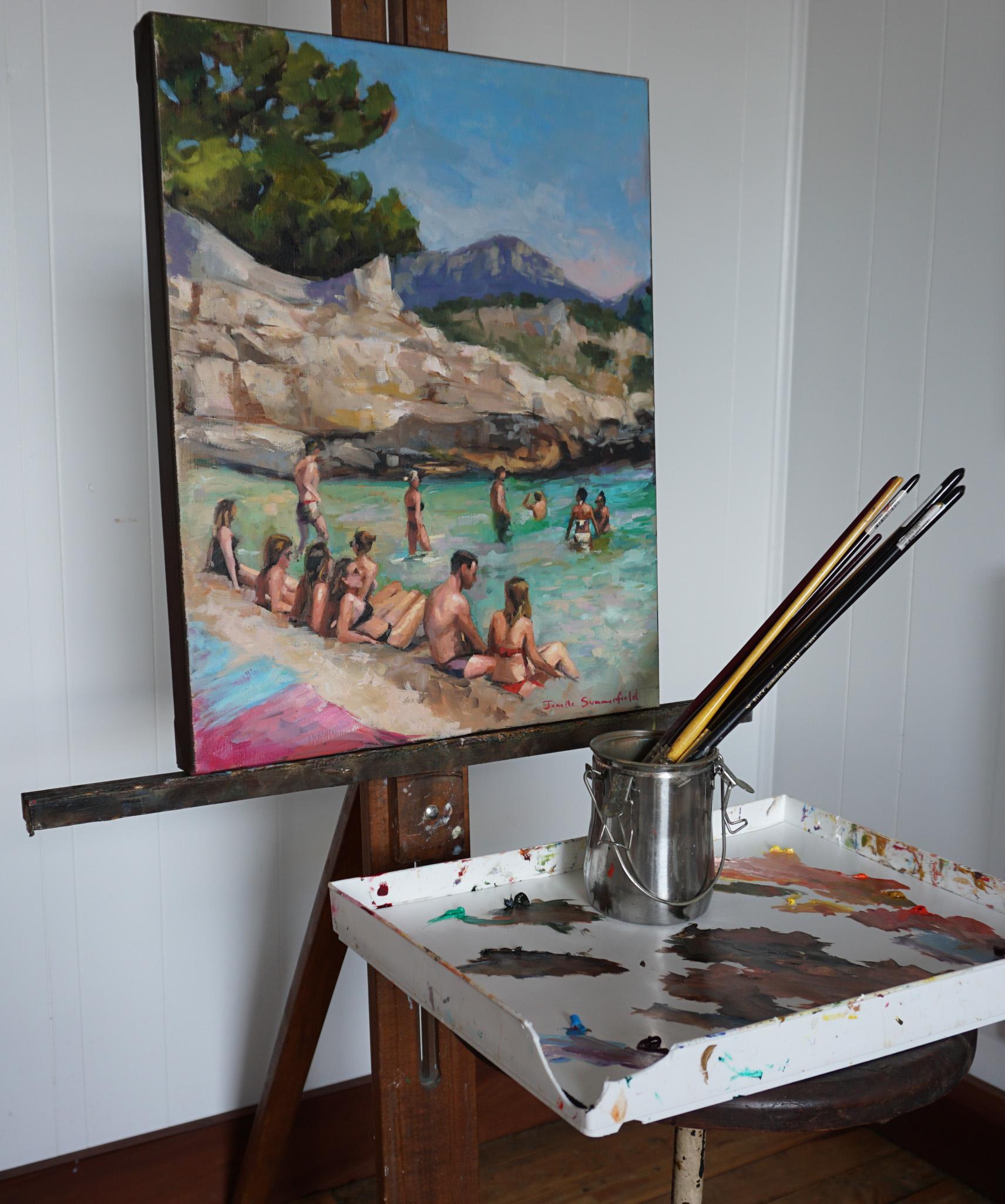 <p>Artistics Comments<br>Un groupe de personnes profite d'une chaude journée d'été au bord de la mer des Baléares à Cassis, en France. Certains se prélassent sur la plage de sable tandis que d'autres se baignent dans l'eau claire et turquoise. Les