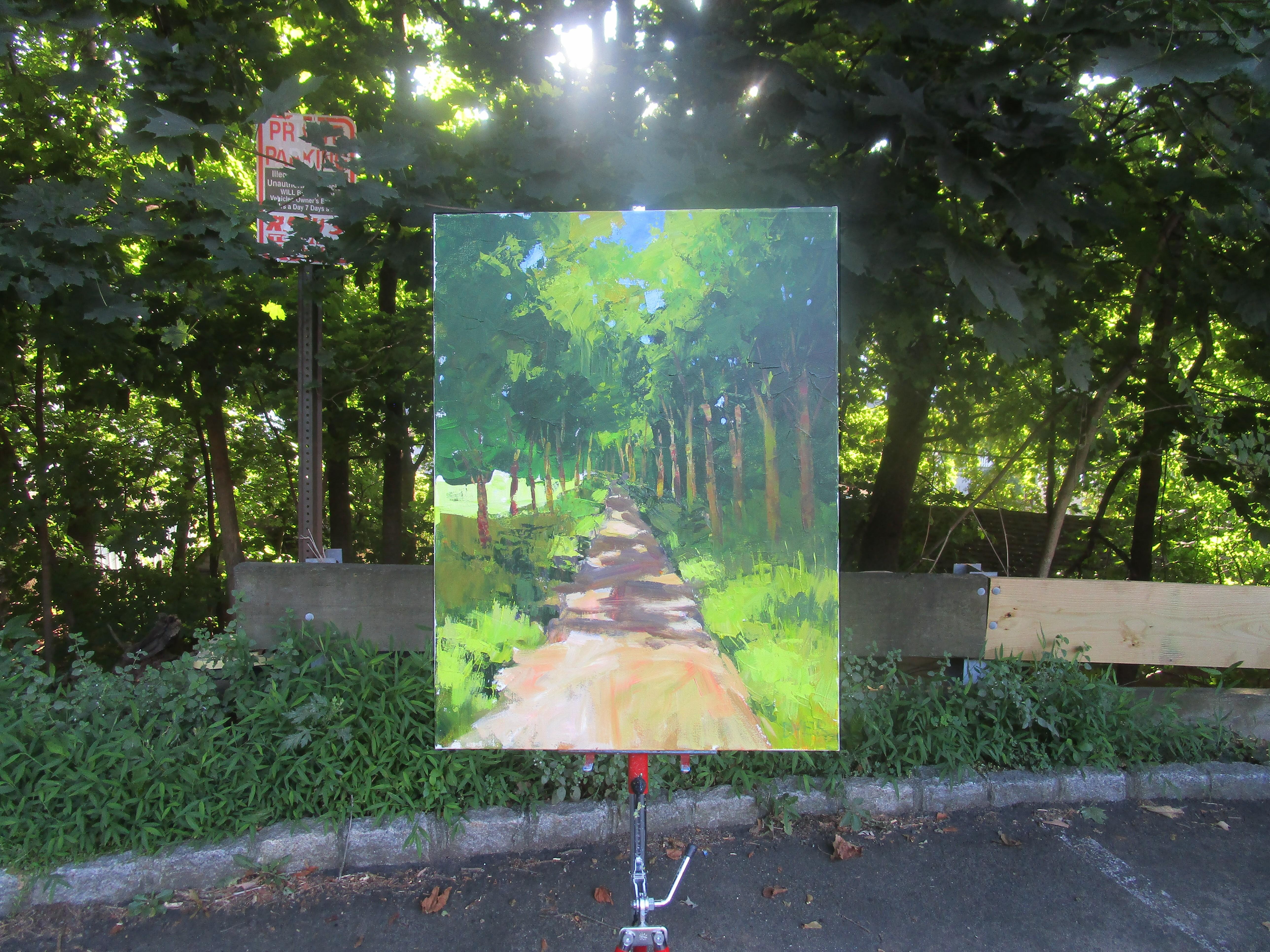 <p>Artist Comments<br />Sunlight filters through the dense leaves, casting dappled shadows on an allÃ©e. The trees form a natural corridor, leading deeper to the tranquil trail. Painted with a brush and palette knife, the scene's warm palette and