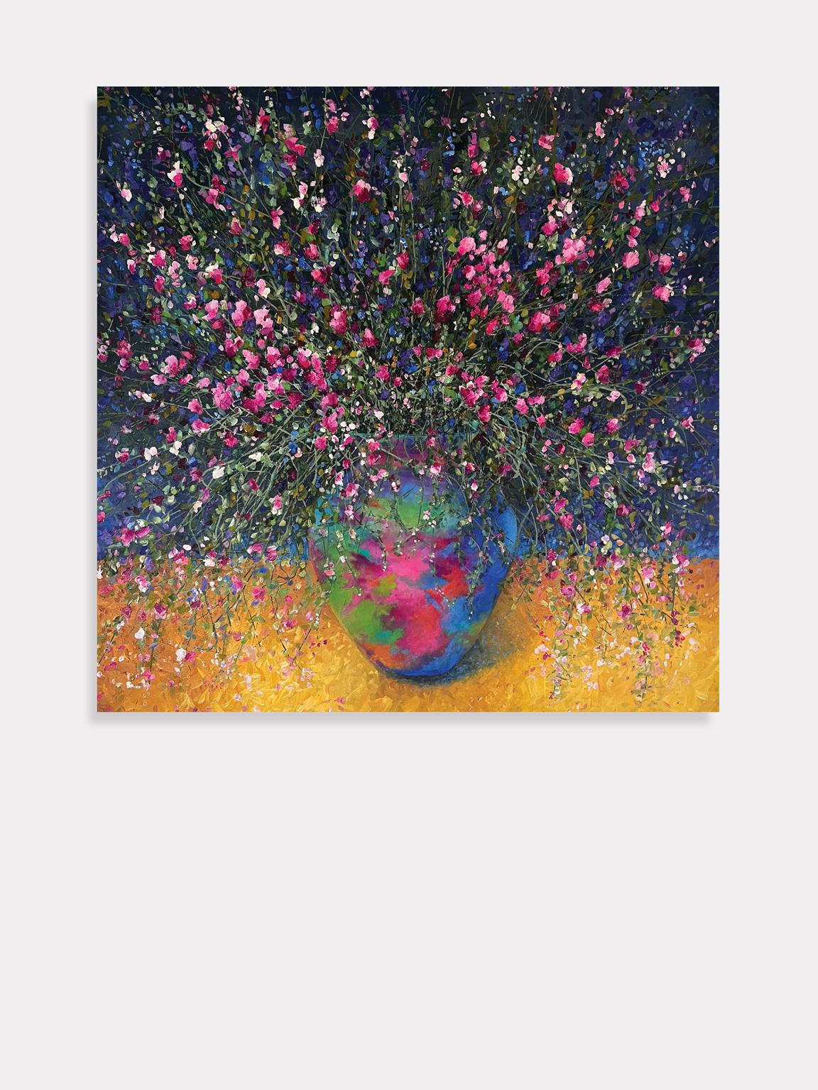 <p>Kommentare des Künstlers<br />Lebendige, zierliche Blumen platzen aus einer farbenfrohen Vase und füllen die Szene mit einer Explosion von Rosa-, Lila- und Grüntönen. Der tiefblaue Hintergrund unterstreicht das Leben und die Energie des Straußes.