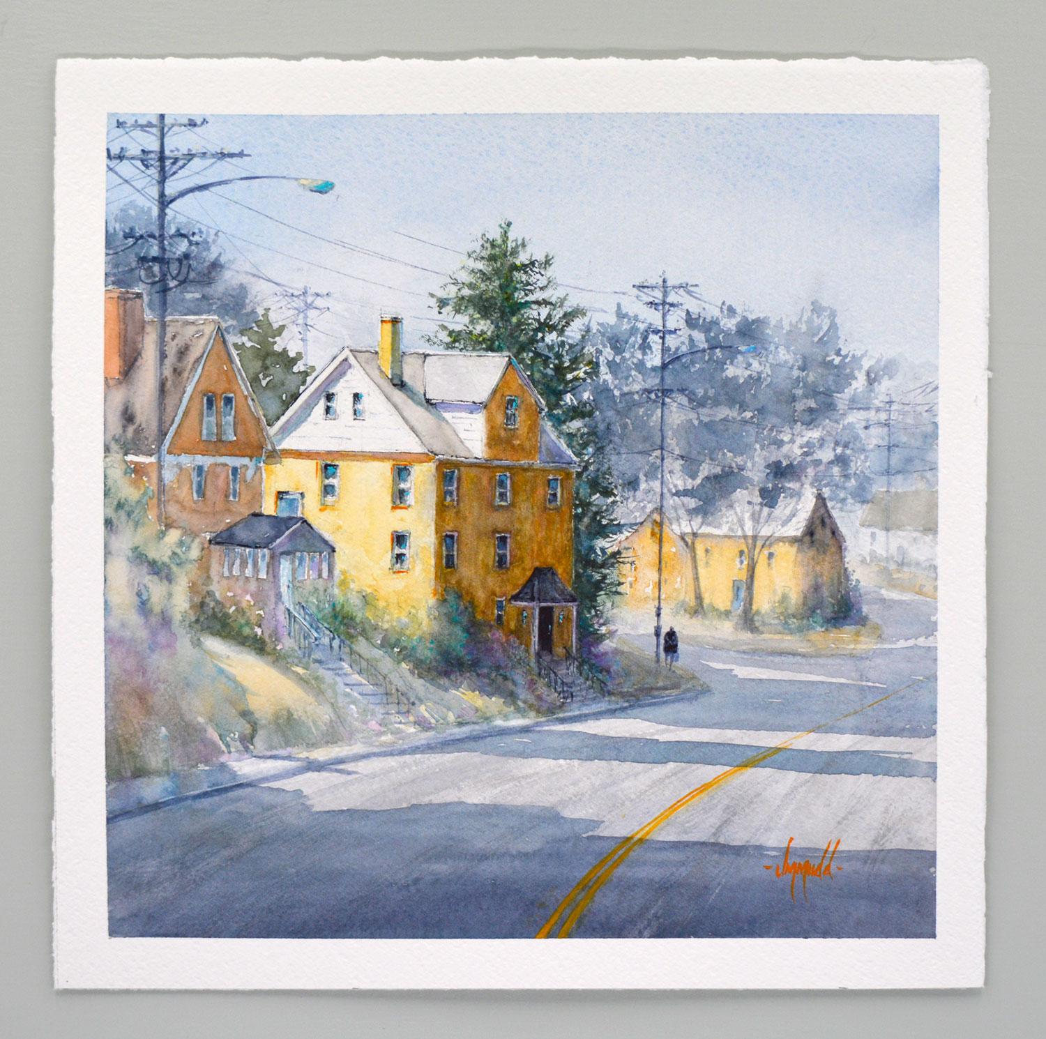 Maisons jaunes, peinture originale - Impressionnisme Art par Judy Mudd